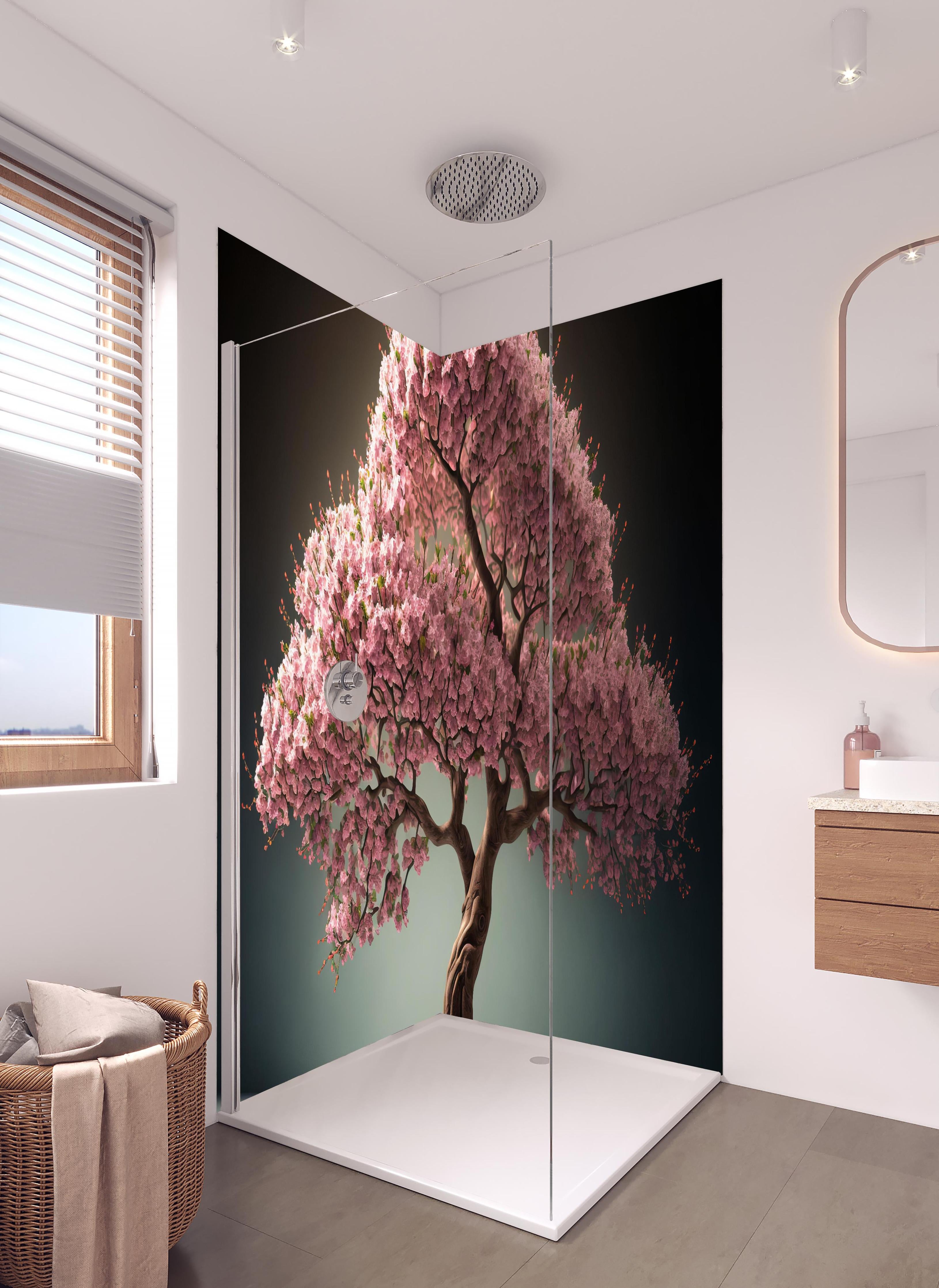 Duschrückwand - Frühlingszeit Kirschblüte Sakura Baum - KI generiert in hellem Badezimmer mit Regenduschkopf - zweiteilige Eck-Duschrückwand