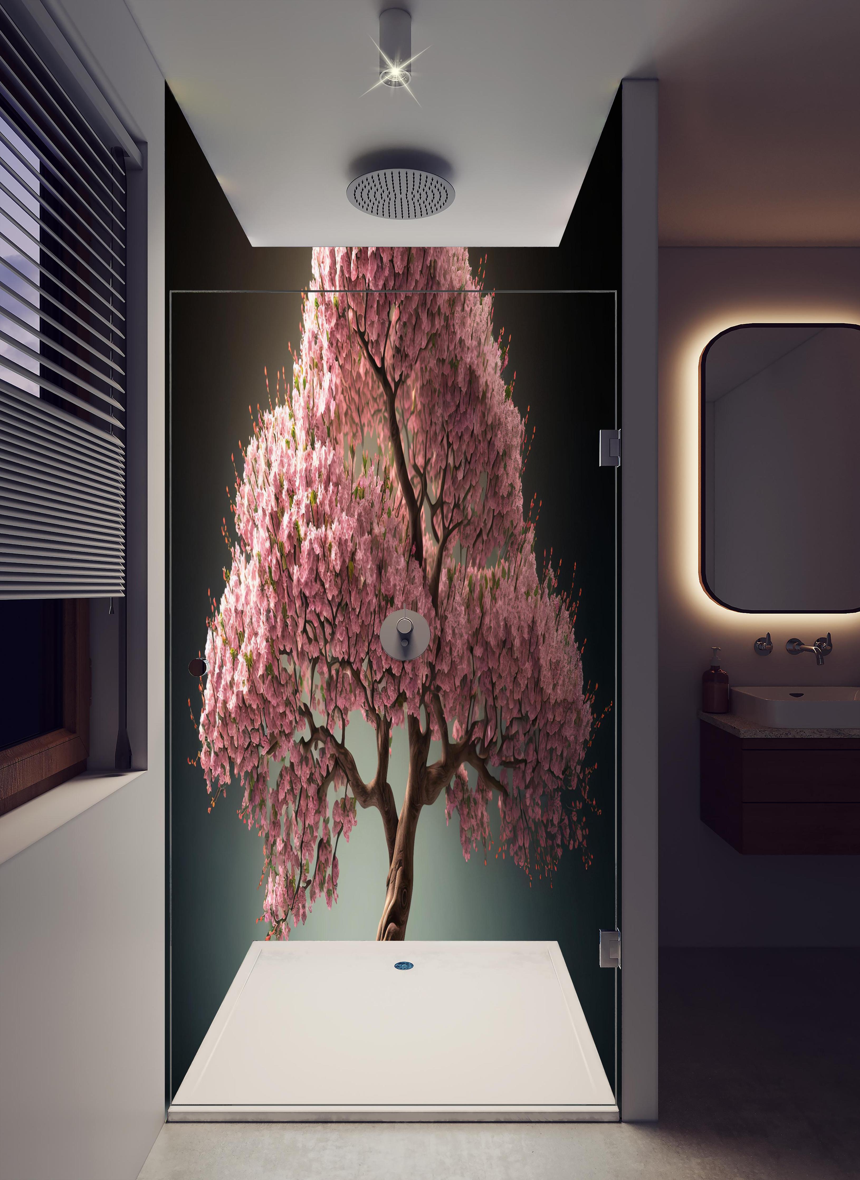 Duschrückwand - Frühlingszeit Kirschblüte Sakura Baum - KI generiert in hellem Badezimmer mit Regenduschkopf - zweiteilige Eck-Duschrückwand