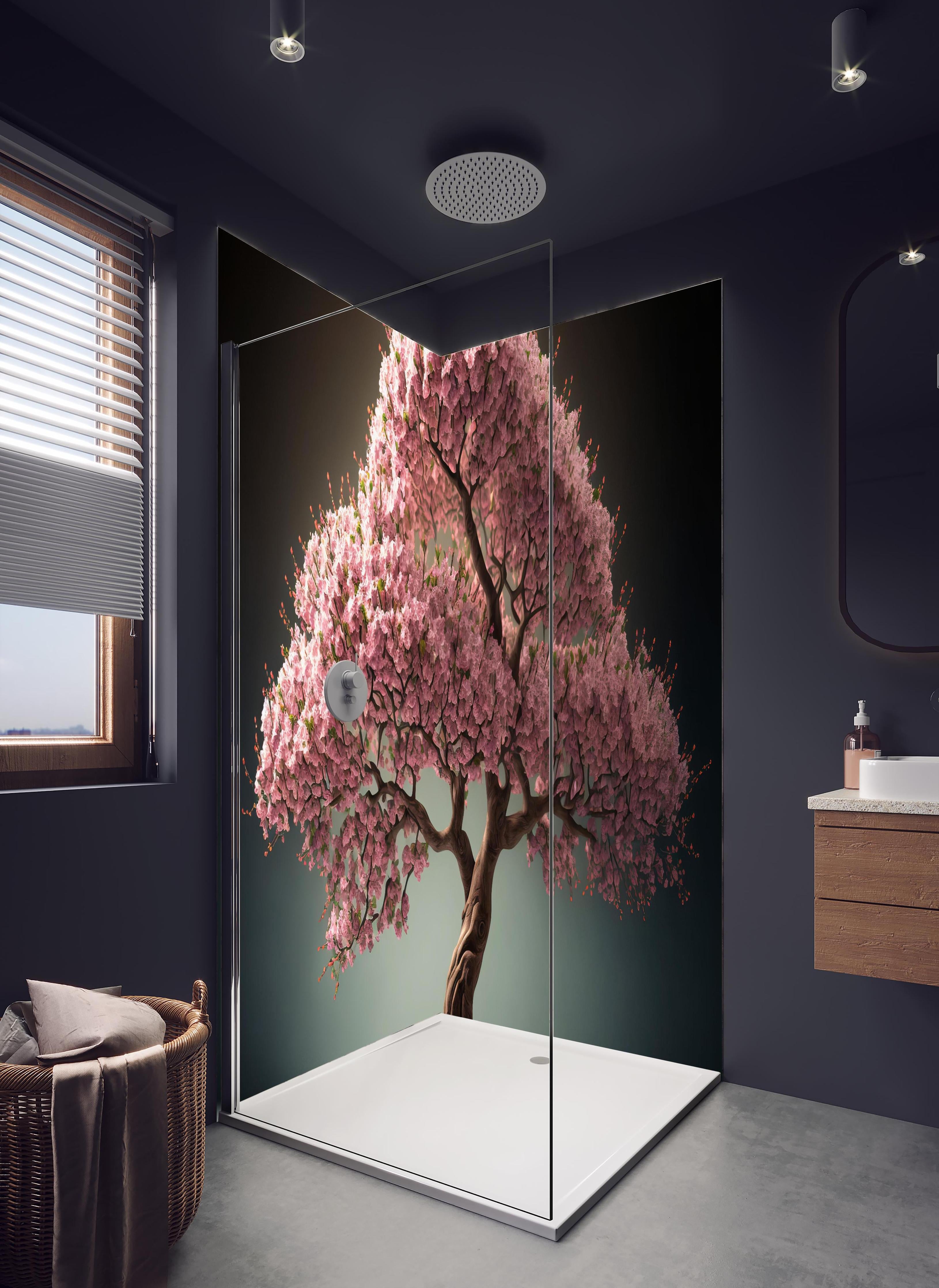 Duschrückwand - Frühlingszeit Kirschblüte Sakura Baum - KI generiert in hellem Badezimmer mit Regenduschkopf - zweiteilige Eck-Duschrückwand