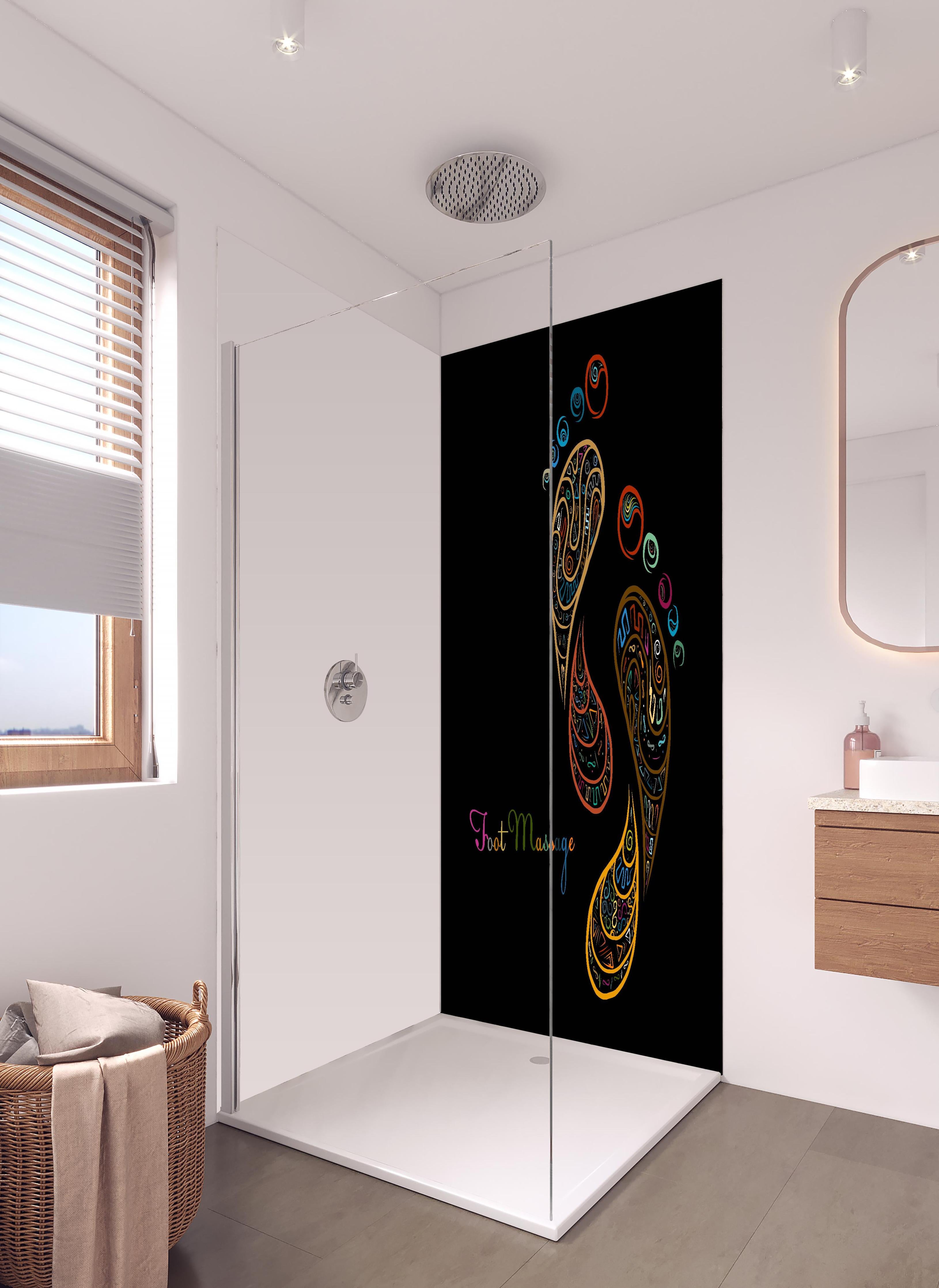 Duschrückwand - Fußreflexzonenmassage Kunstbild in Farbe in hellem Badezimmer mit Regenduschkopf - zweiteilige Eck-Duschrückwand