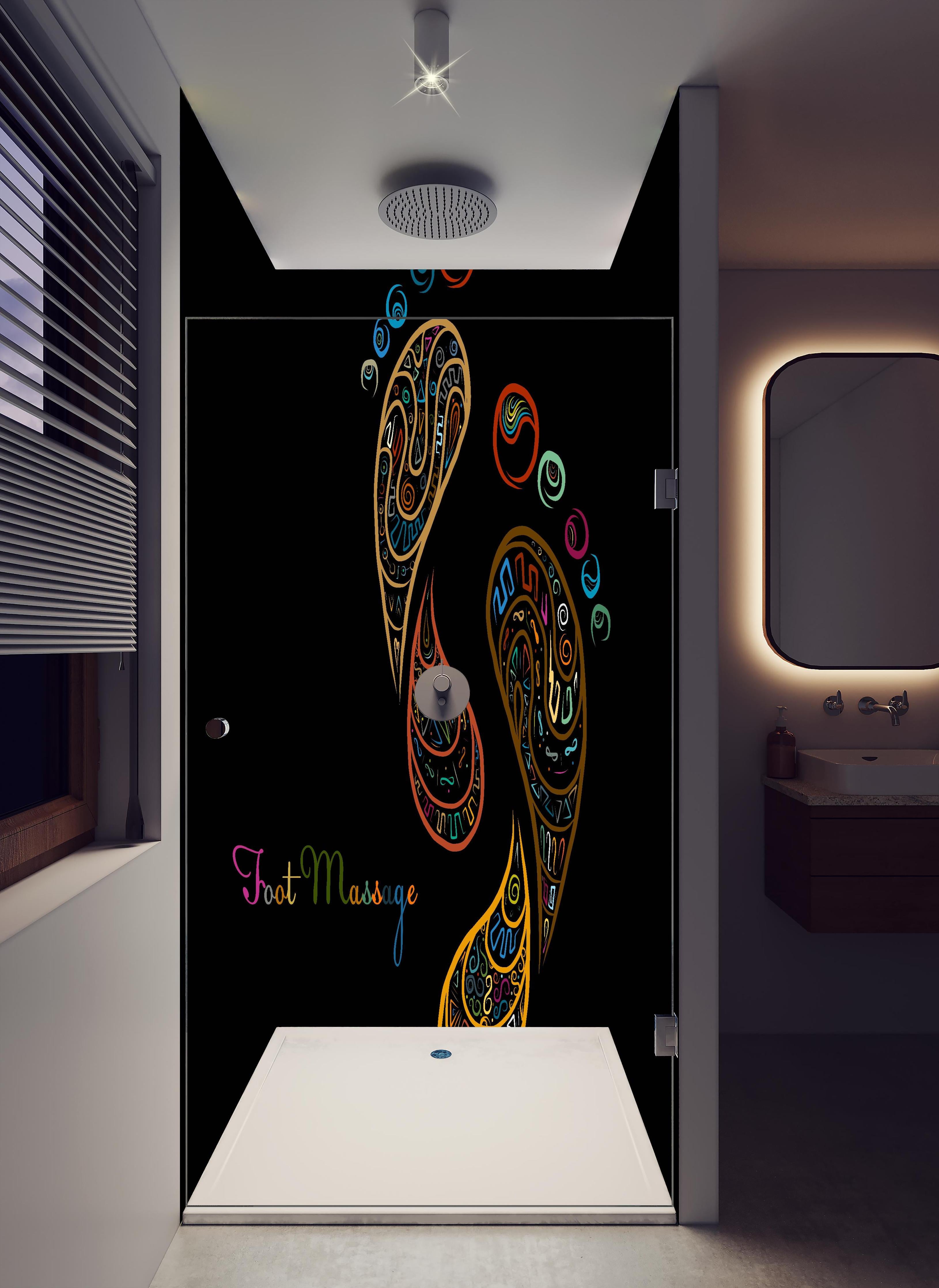 Duschrückwand - Fußreflexzonenmassage Kunstbild in Farbe in hellem Badezimmer mit Regenduschkopf - zweiteilige Eck-Duschrückwand