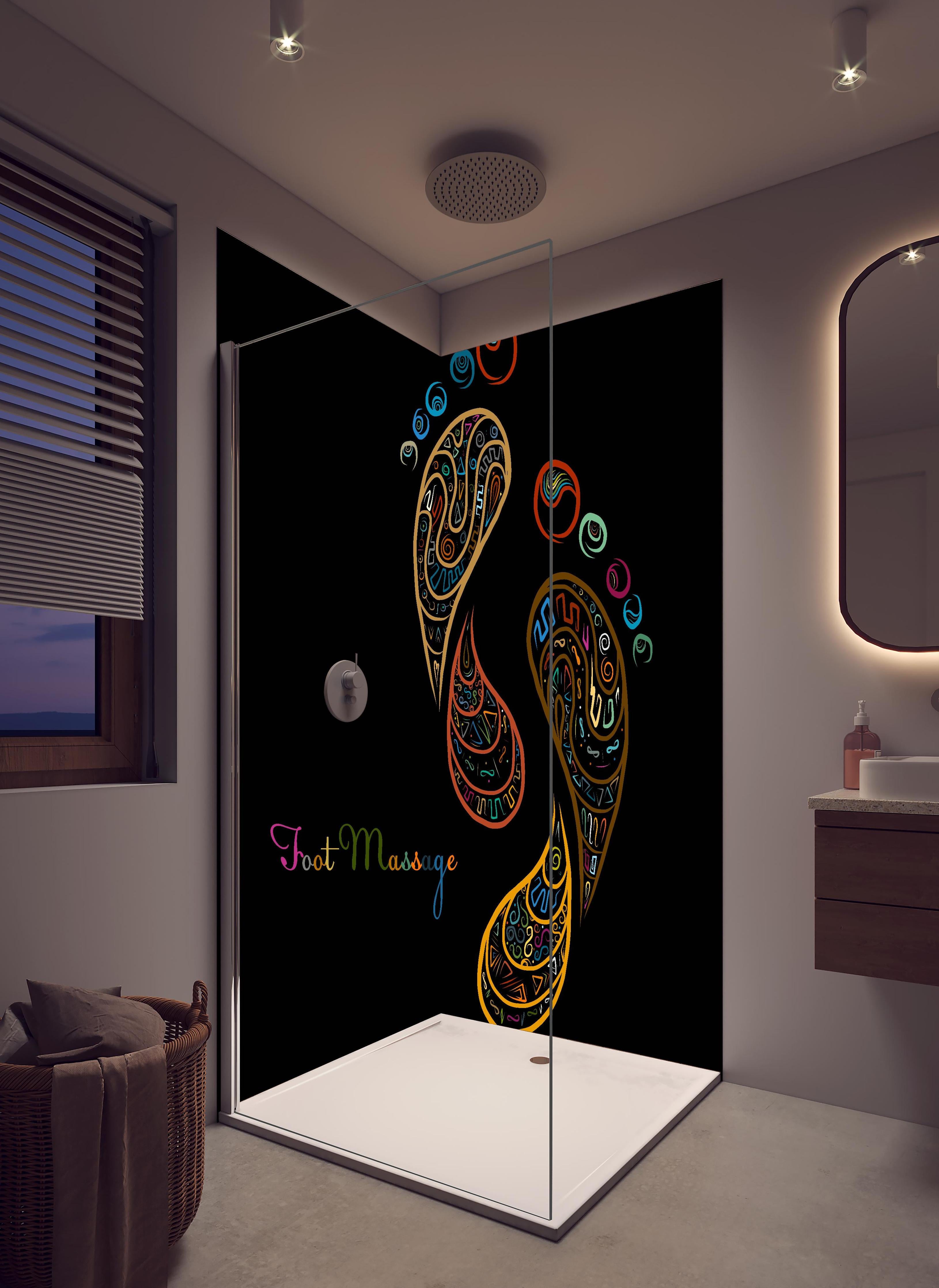 Duschrückwand - Fußreflexzonenmassage Kunstbild in Farbe in hellem Badezimmer mit Regenduschkopf - zweiteilige Eck-Duschrückwand