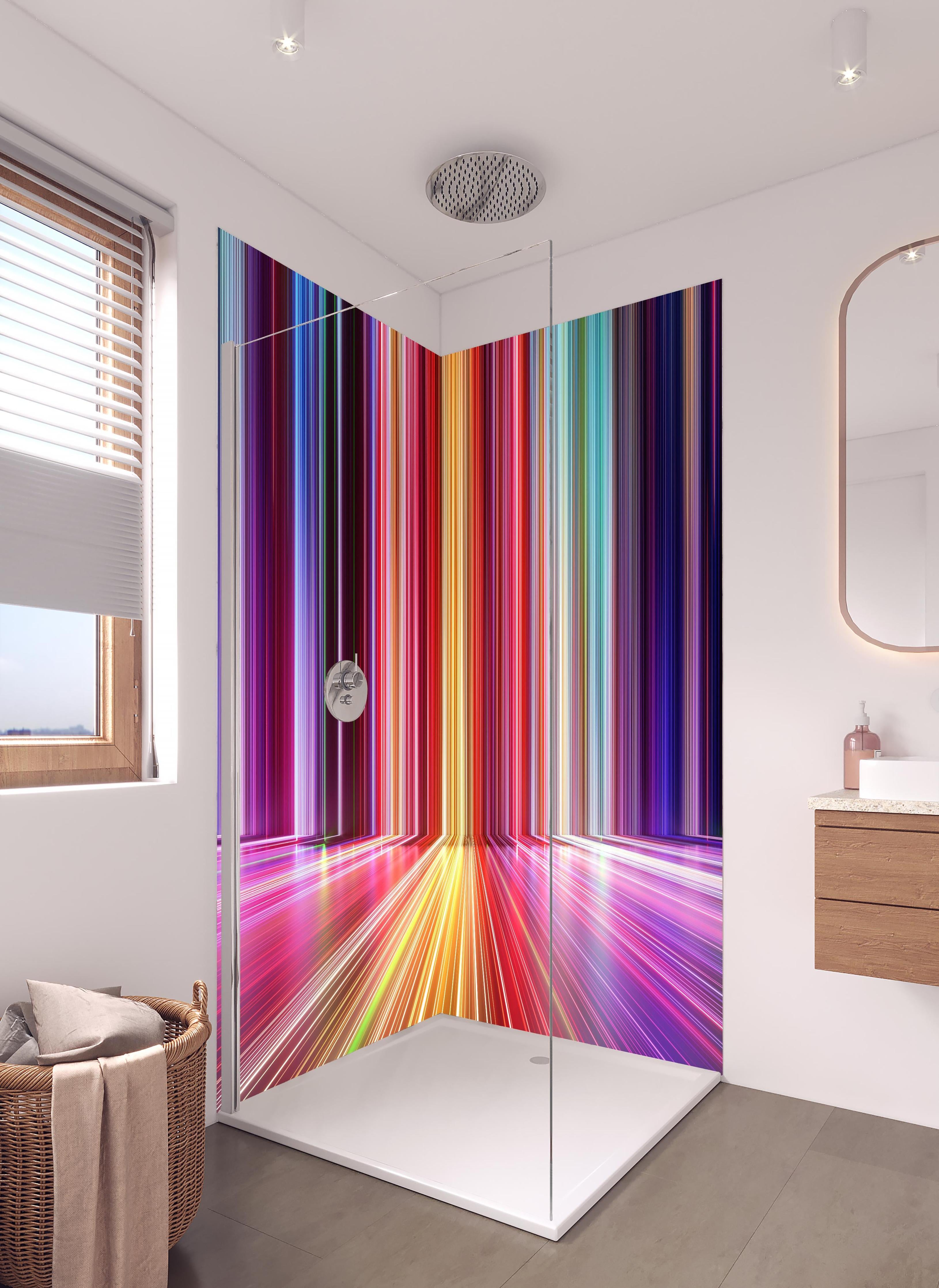 Duschrückwand - Futuristische Farben - 3D Render in hellem Badezimmer mit Regenduschkopf - zweiteilige Eck-Duschrückwand