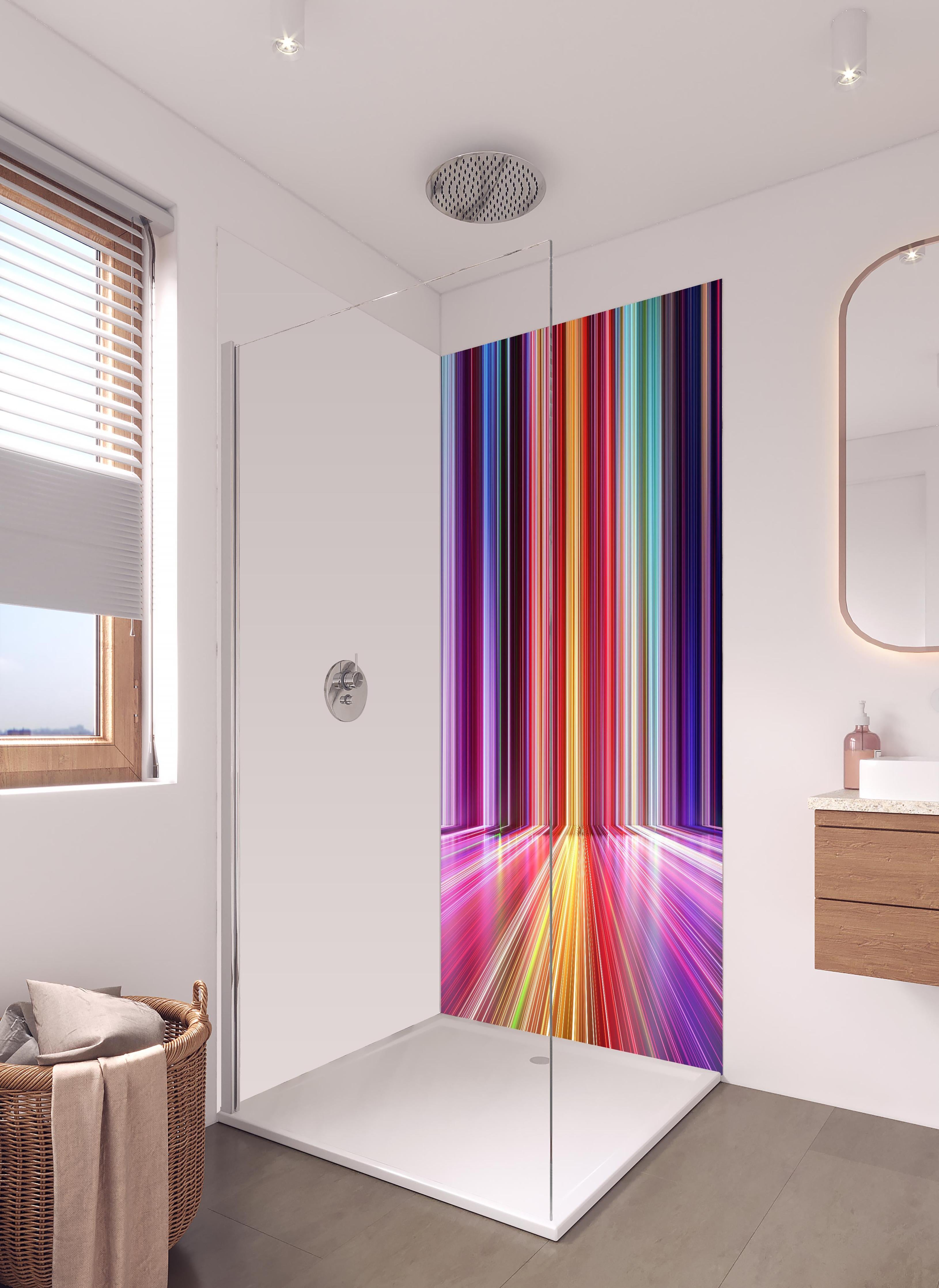 Duschrückwand - Futuristische Farben - 3D Render in hellem Badezimmer mit Regenduschkopf - zweiteilige Eck-Duschrückwand