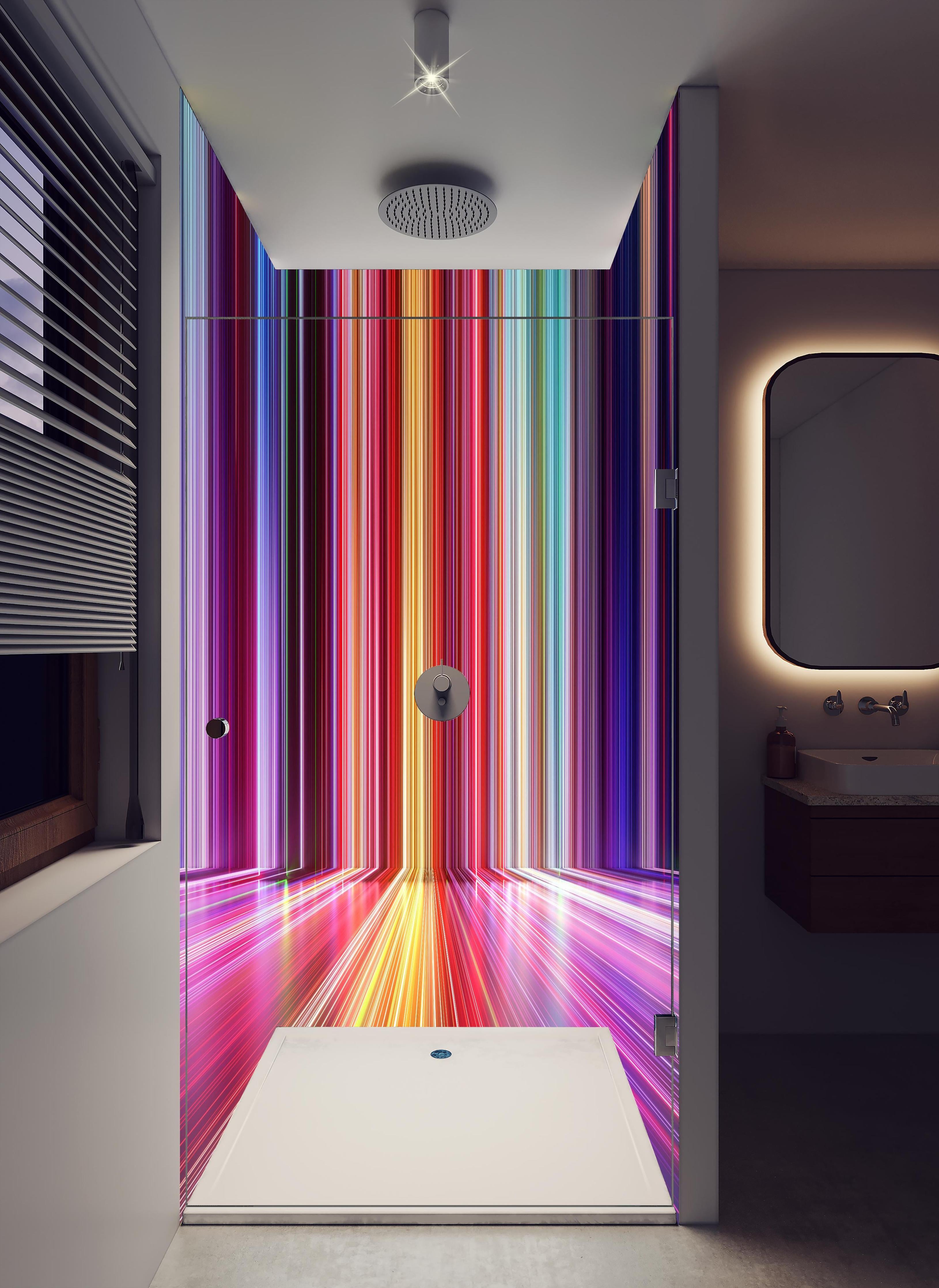 Duschrückwand - Futuristische Farben - 3D Render in hellem Badezimmer mit Regenduschkopf - zweiteilige Eck-Duschrückwand