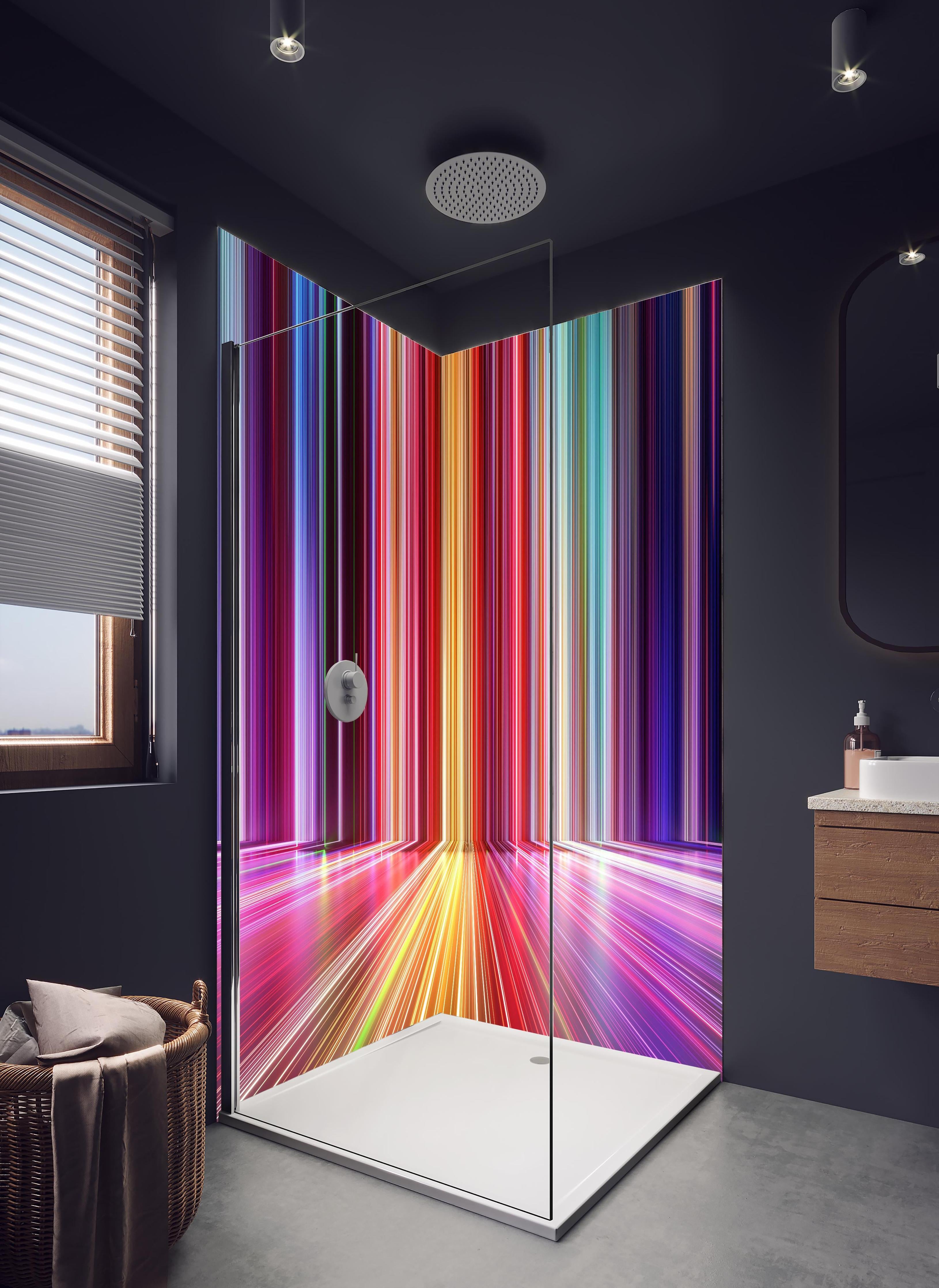 Duschrückwand - Futuristische Farben - 3D Render in hellem Badezimmer mit Regenduschkopf - zweiteilige Eck-Duschrückwand
