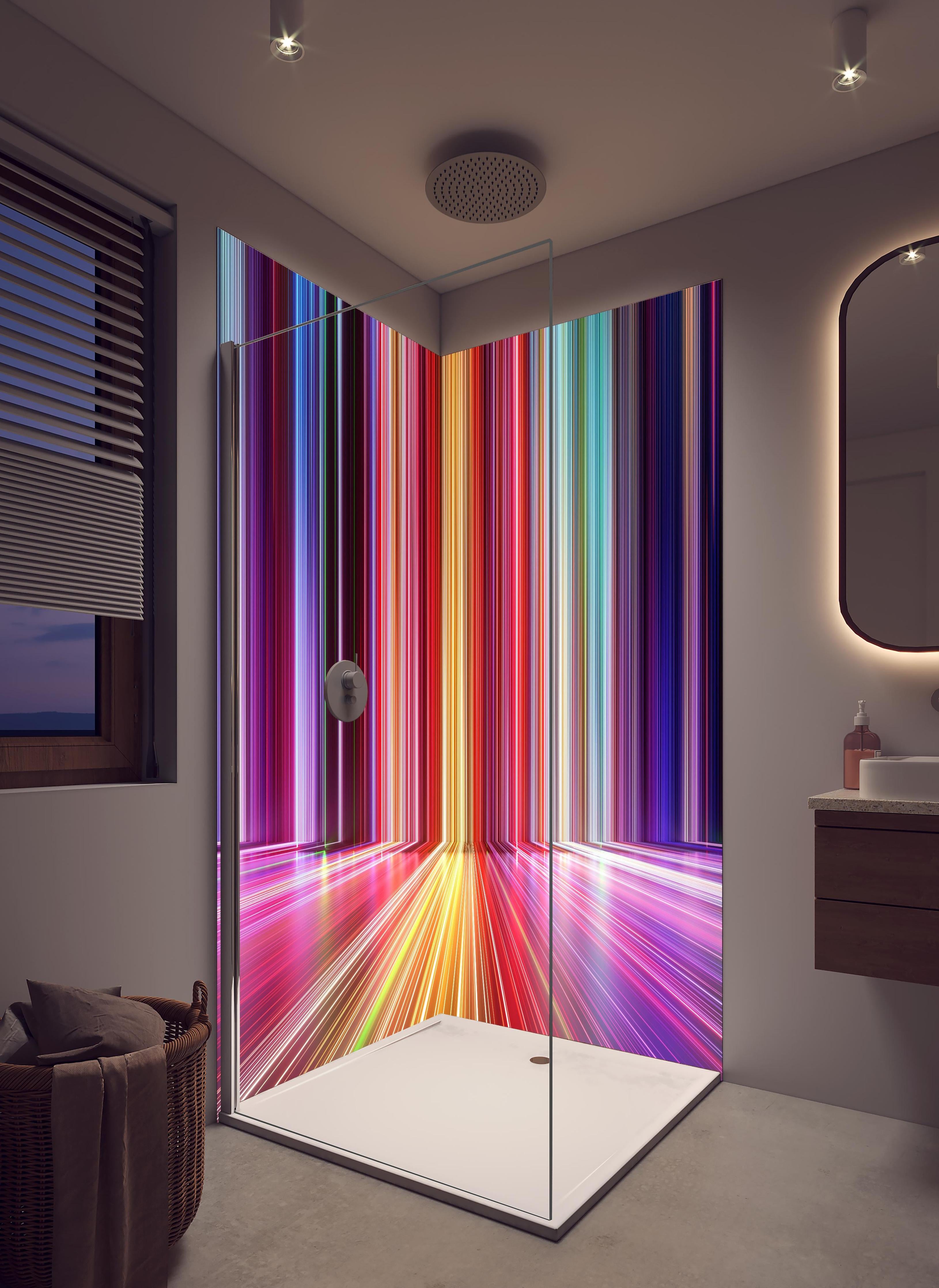 Duschrückwand - Futuristische Farben - 3D Render in hellem Badezimmer mit Regenduschkopf - zweiteilige Eck-Duschrückwand