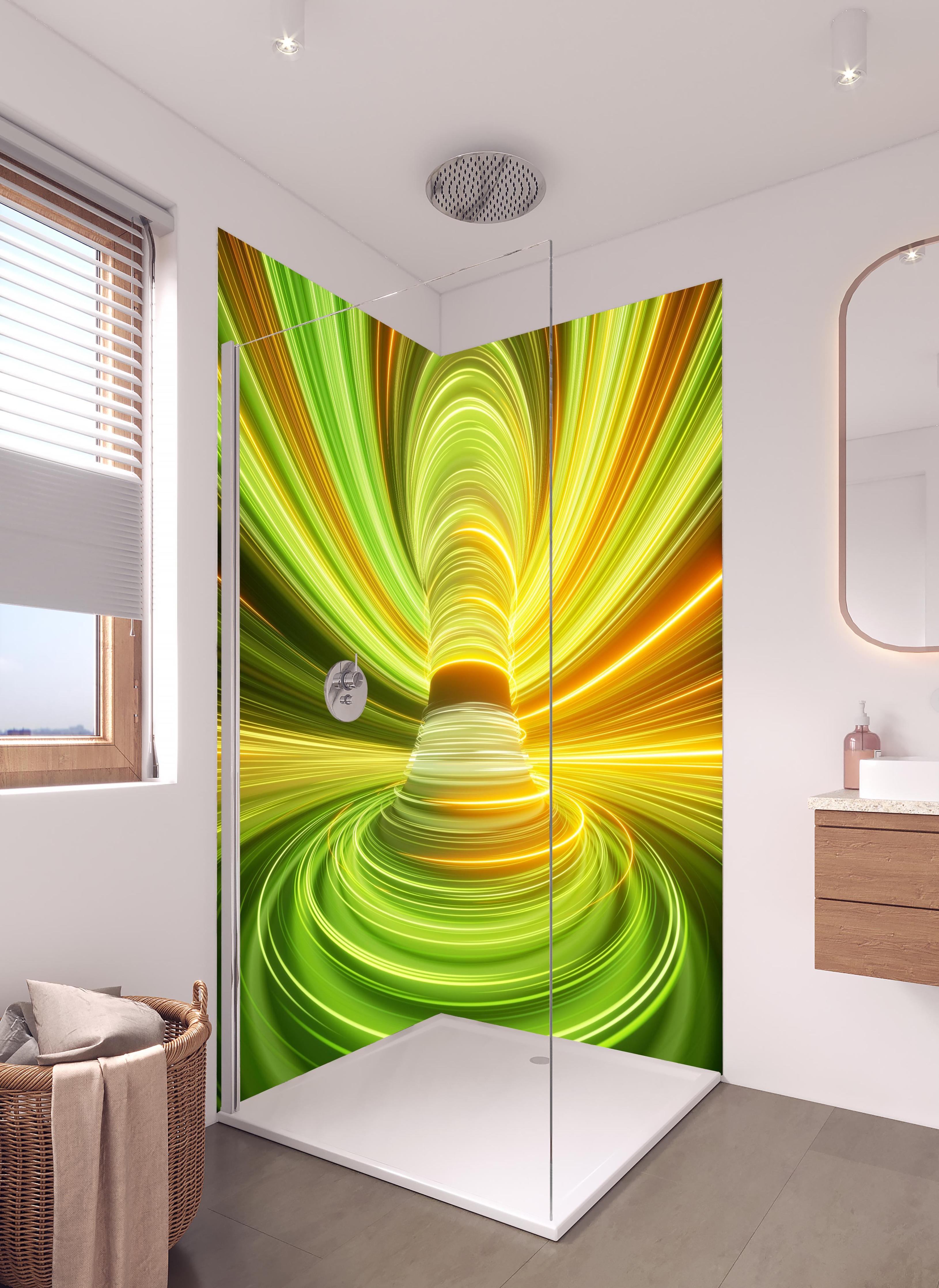 Duschrückwand - Futuristisches Muster - Neon in hellem Badezimmer mit Regenduschkopf - zweiteilige Eck-Duschrückwand