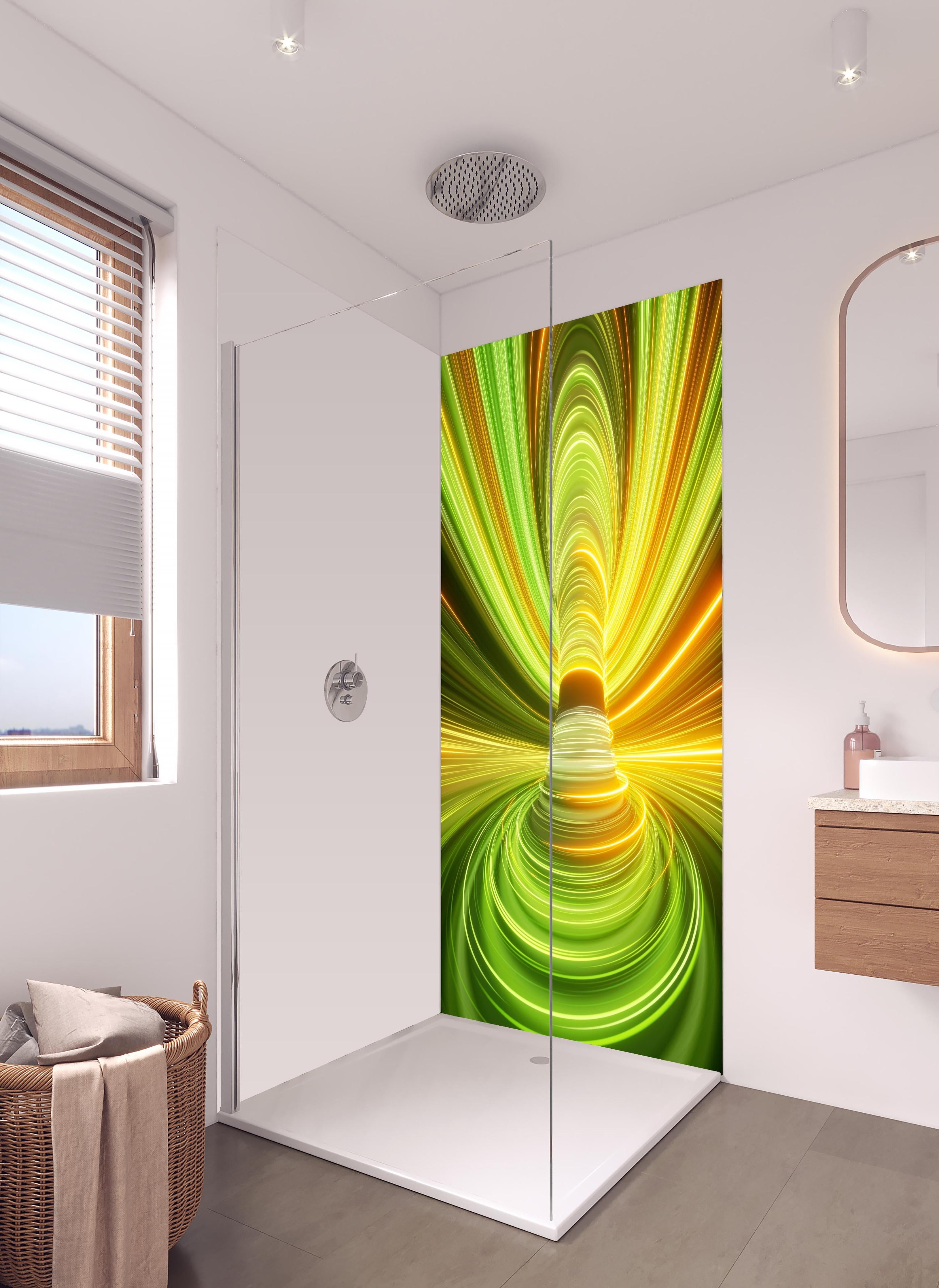 Duschrückwand - Futuristisches Muster - Neon in hellem Badezimmer mit Regenduschkopf - zweiteilige Eck-Duschrückwand