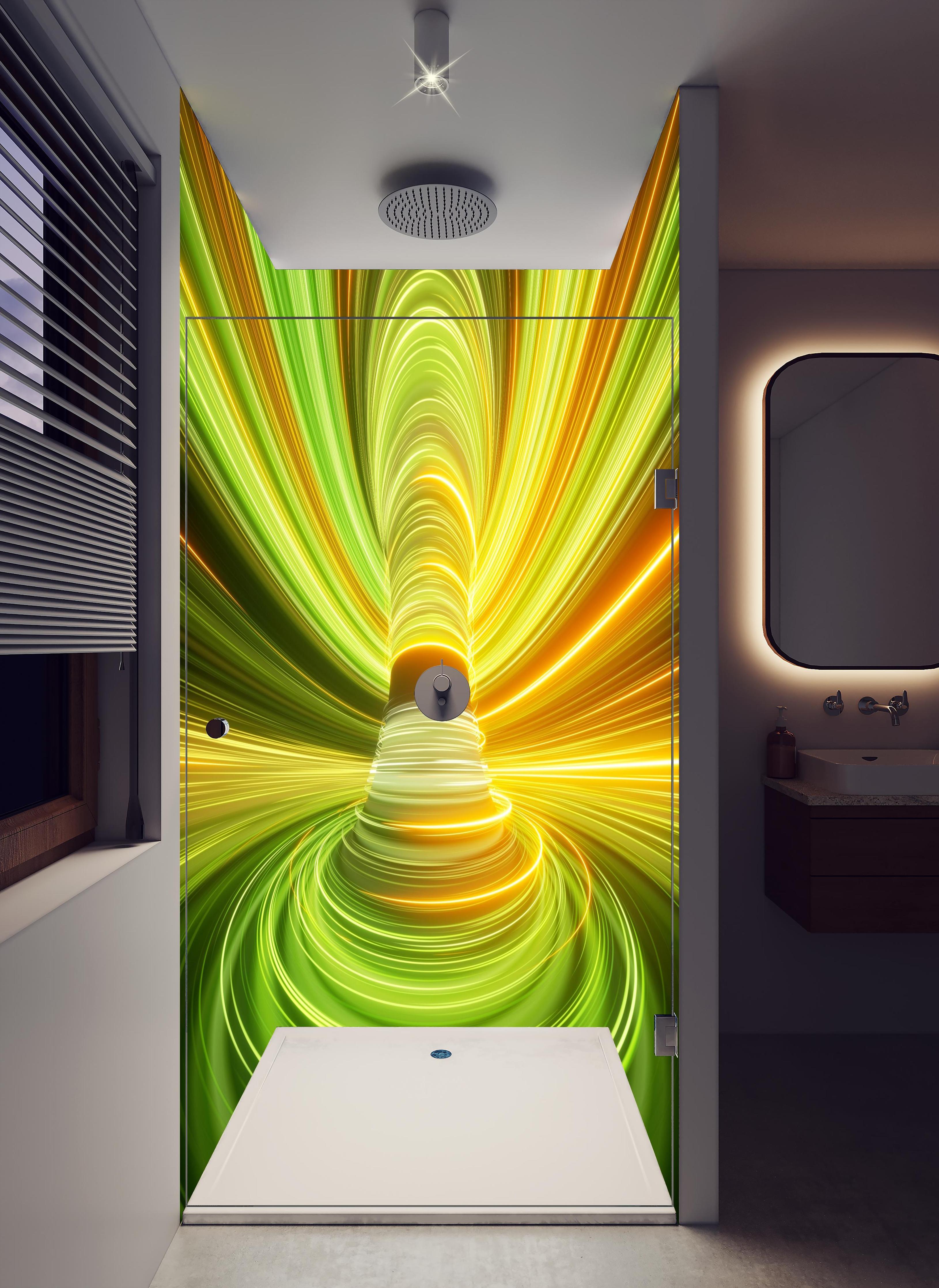 Duschrückwand - Futuristisches Muster - Neon in hellem Badezimmer mit Regenduschkopf - zweiteilige Eck-Duschrückwand