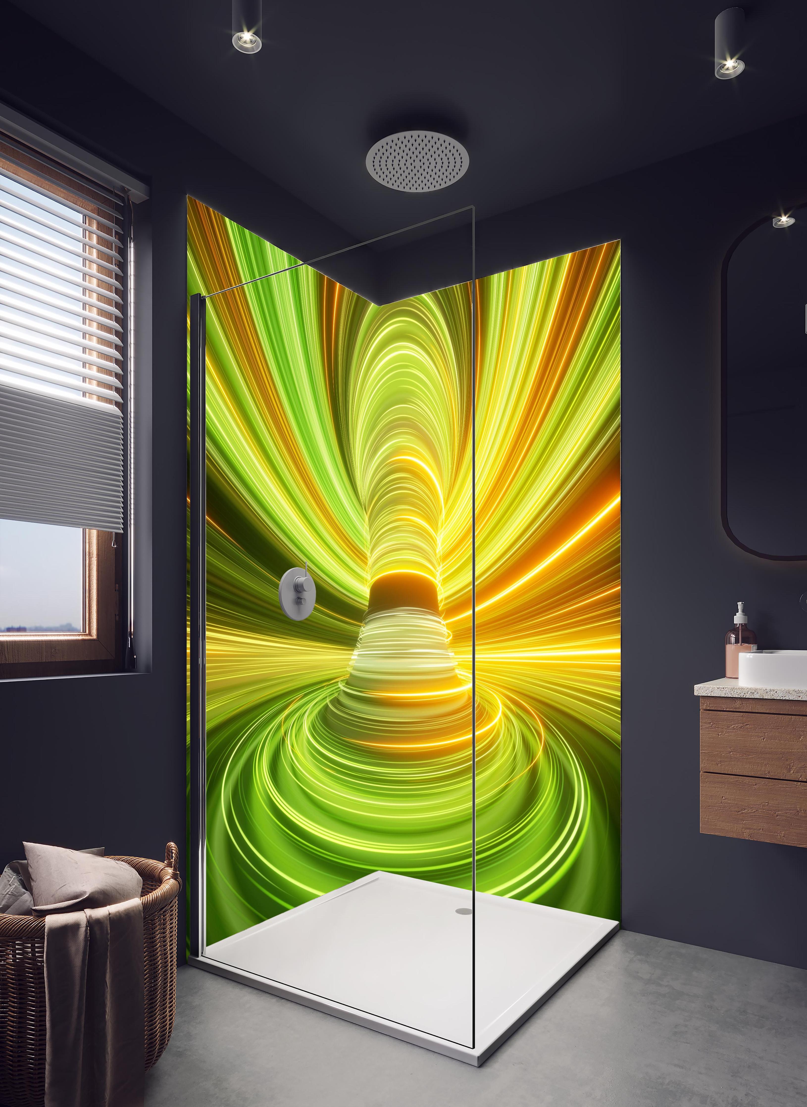Duschrückwand - Futuristisches Muster - Neon in hellem Badezimmer mit Regenduschkopf - zweiteilige Eck-Duschrückwand