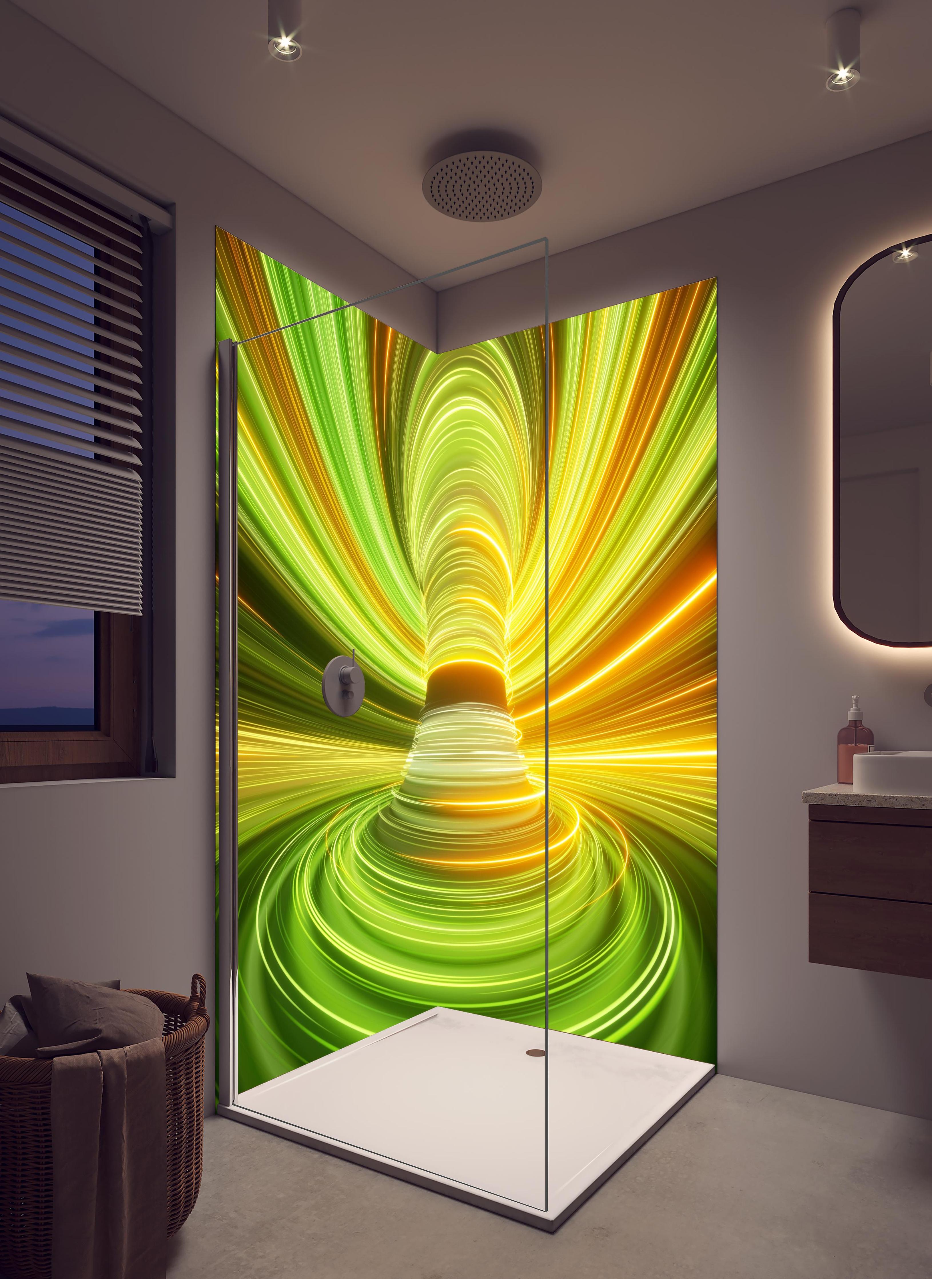 Duschrückwand - Futuristisches Muster - Neon in hellem Badezimmer mit Regenduschkopf - zweiteilige Eck-Duschrückwand