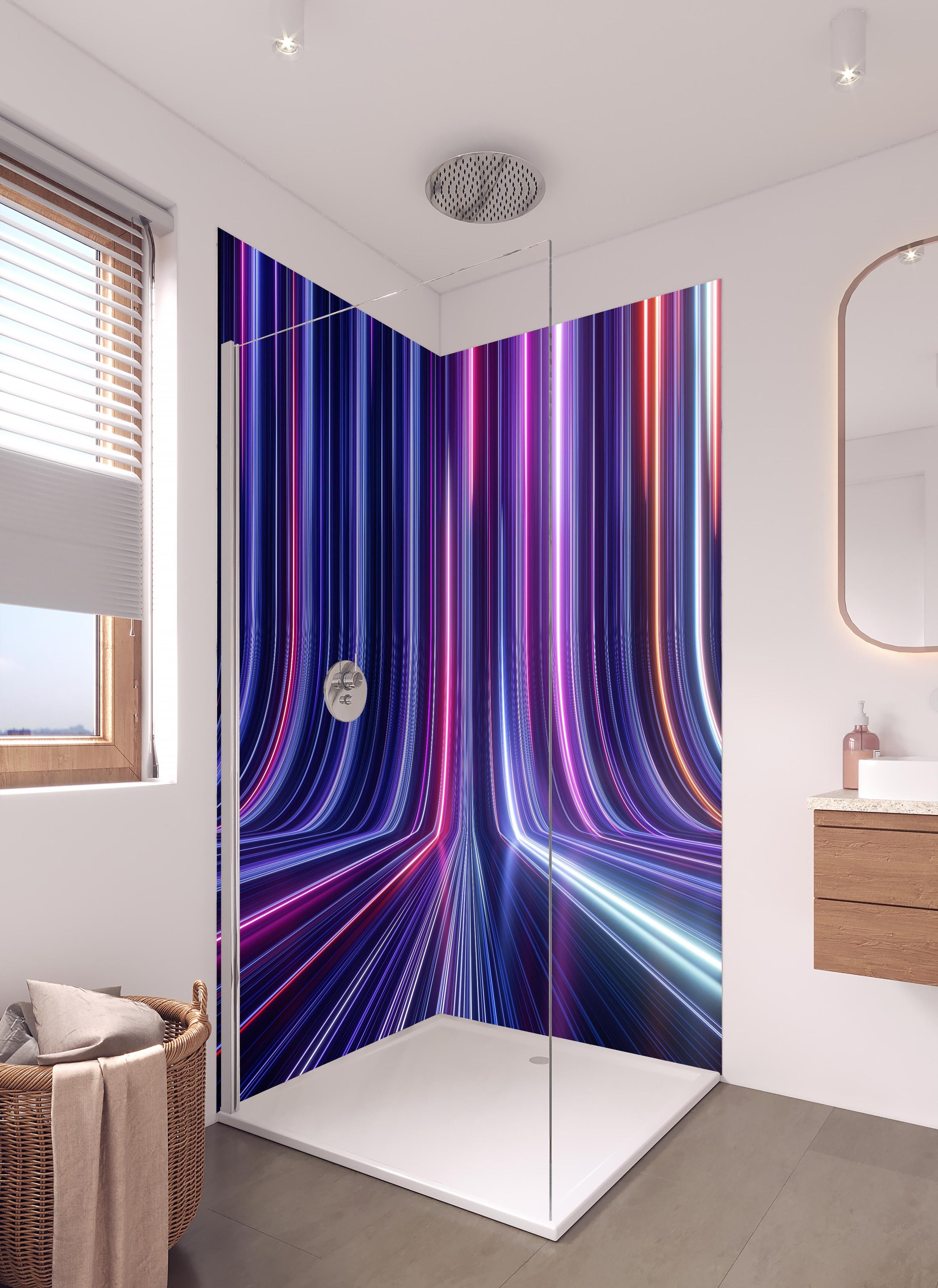 Duschrückwand - Futuristisches Neon Design in hellem Badezimmer mit Regenduschkopf - zweiteilige Eck-Duschrückwand