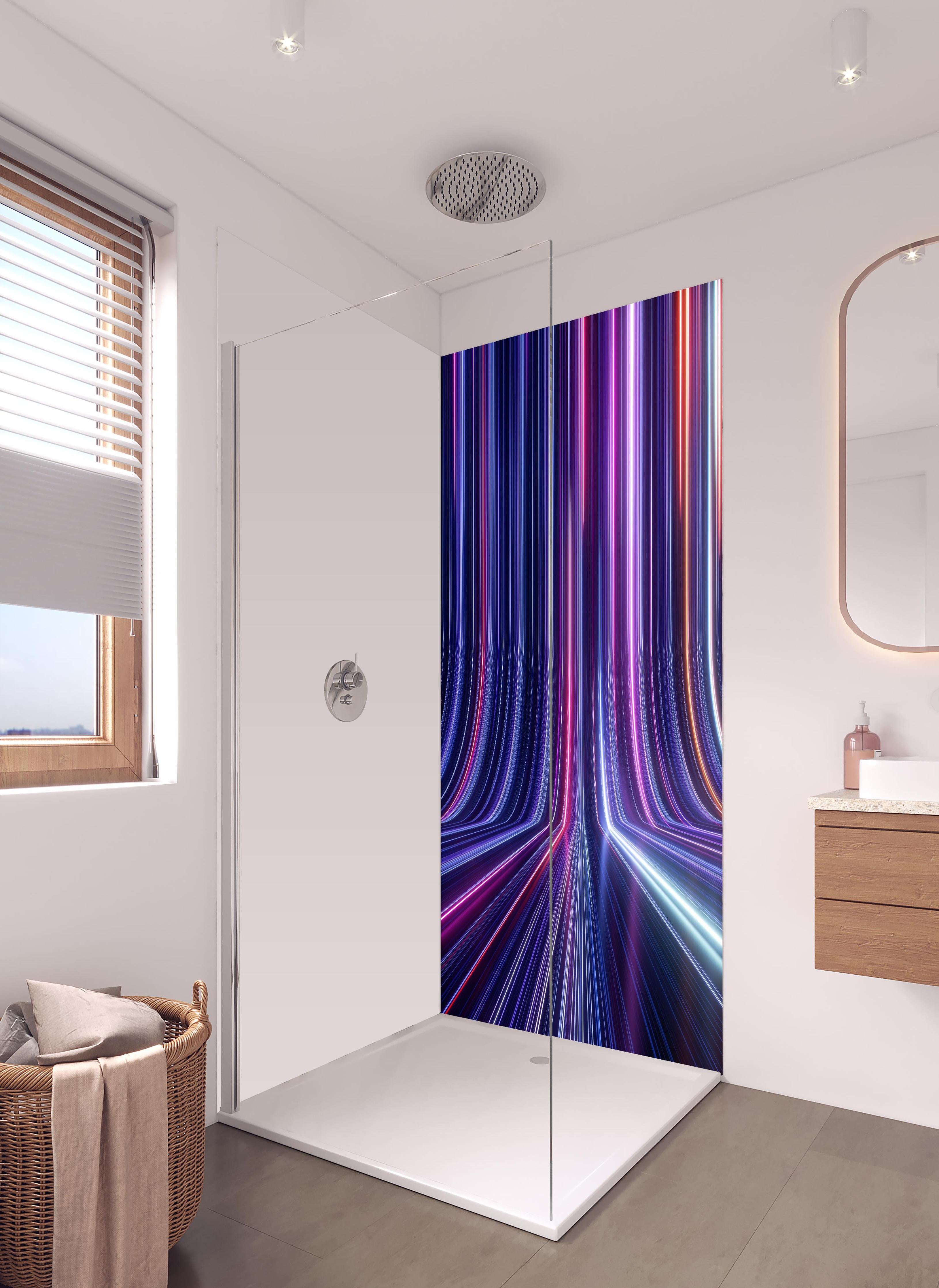 Duschrückwand - Futuristisches Neon Design in hellem Badezimmer mit Regenduschkopf - zweiteilige Eck-Duschrückwand