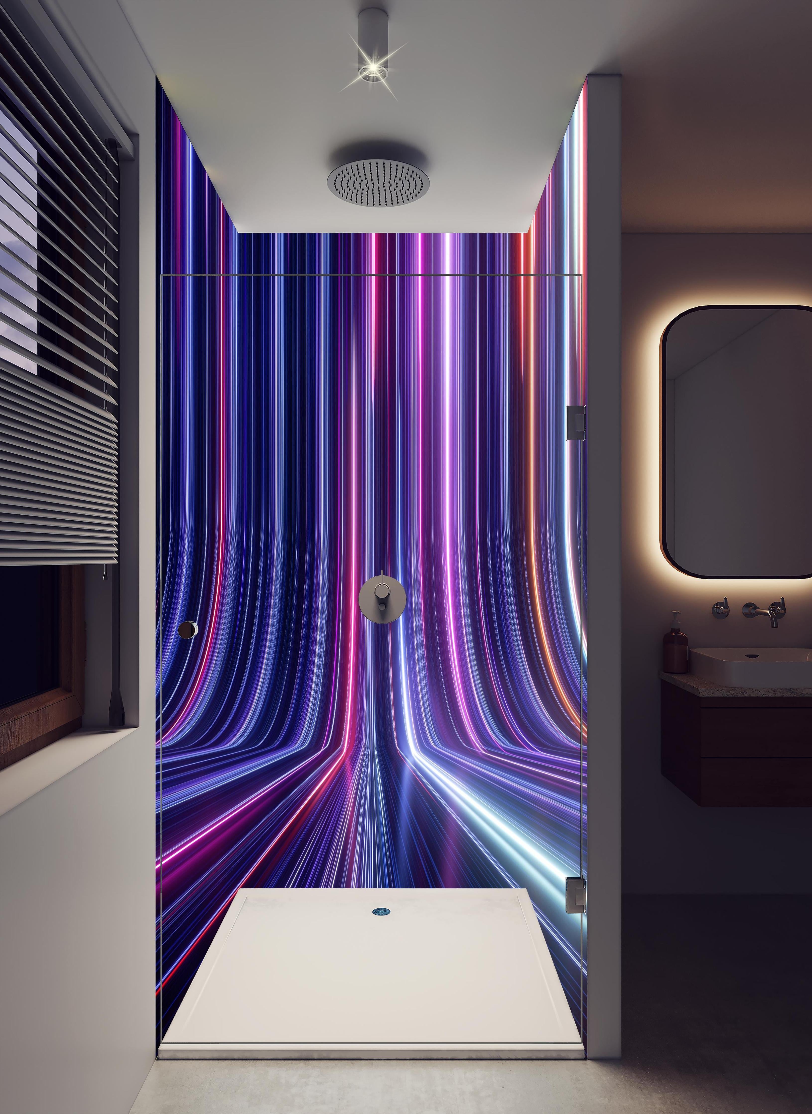 Duschrückwand - Futuristisches Neon Design in hellem Badezimmer mit Regenduschkopf - zweiteilige Eck-Duschrückwand
