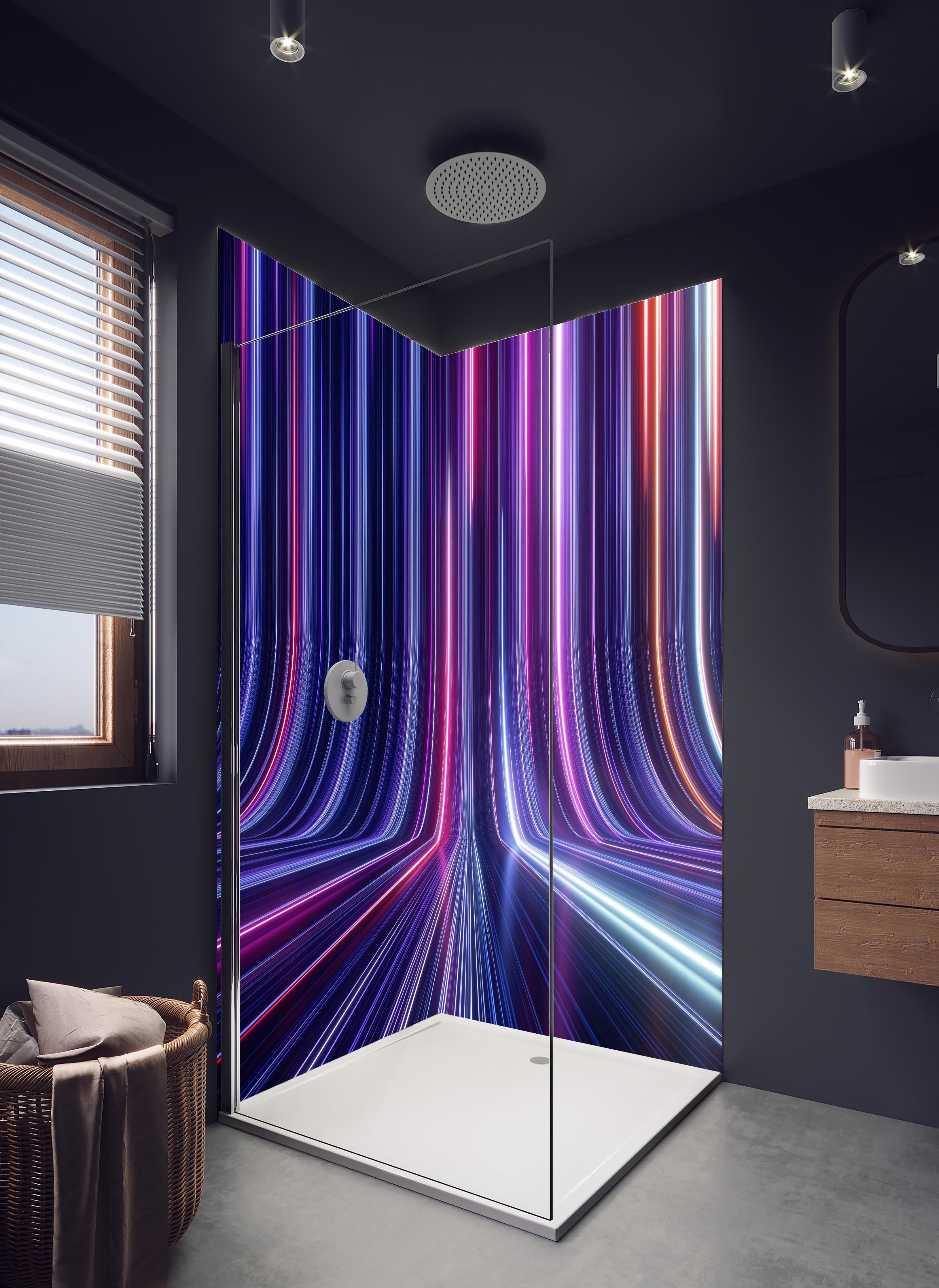 Duschrückwand - Futuristisches Neon Design in hellem Badezimmer mit Regenduschkopf - zweiteilige Eck-Duschrückwand