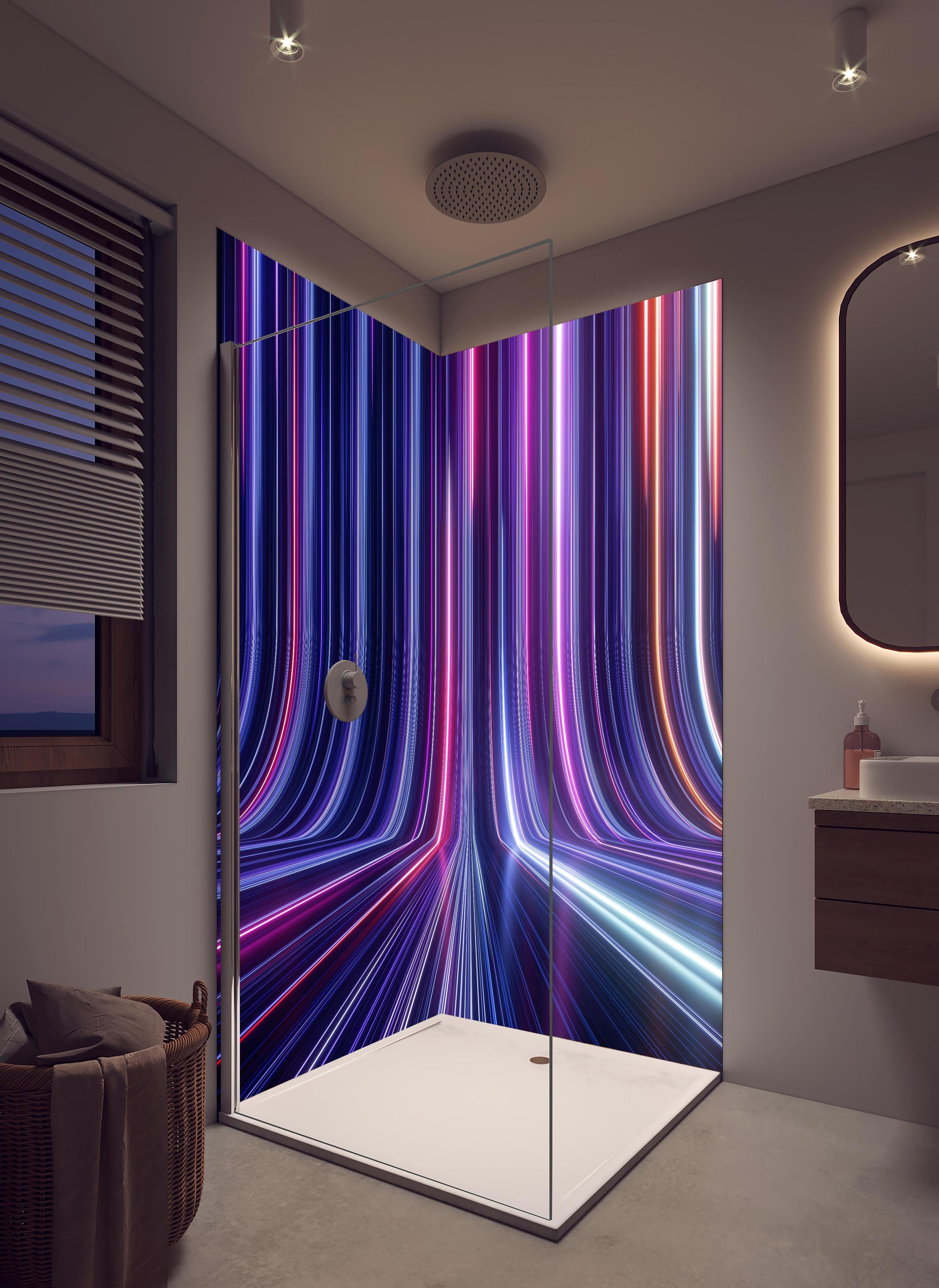 Duschrückwand - Futuristisches Neon Design in hellem Badezimmer mit Regenduschkopf - zweiteilige Eck-Duschrückwand