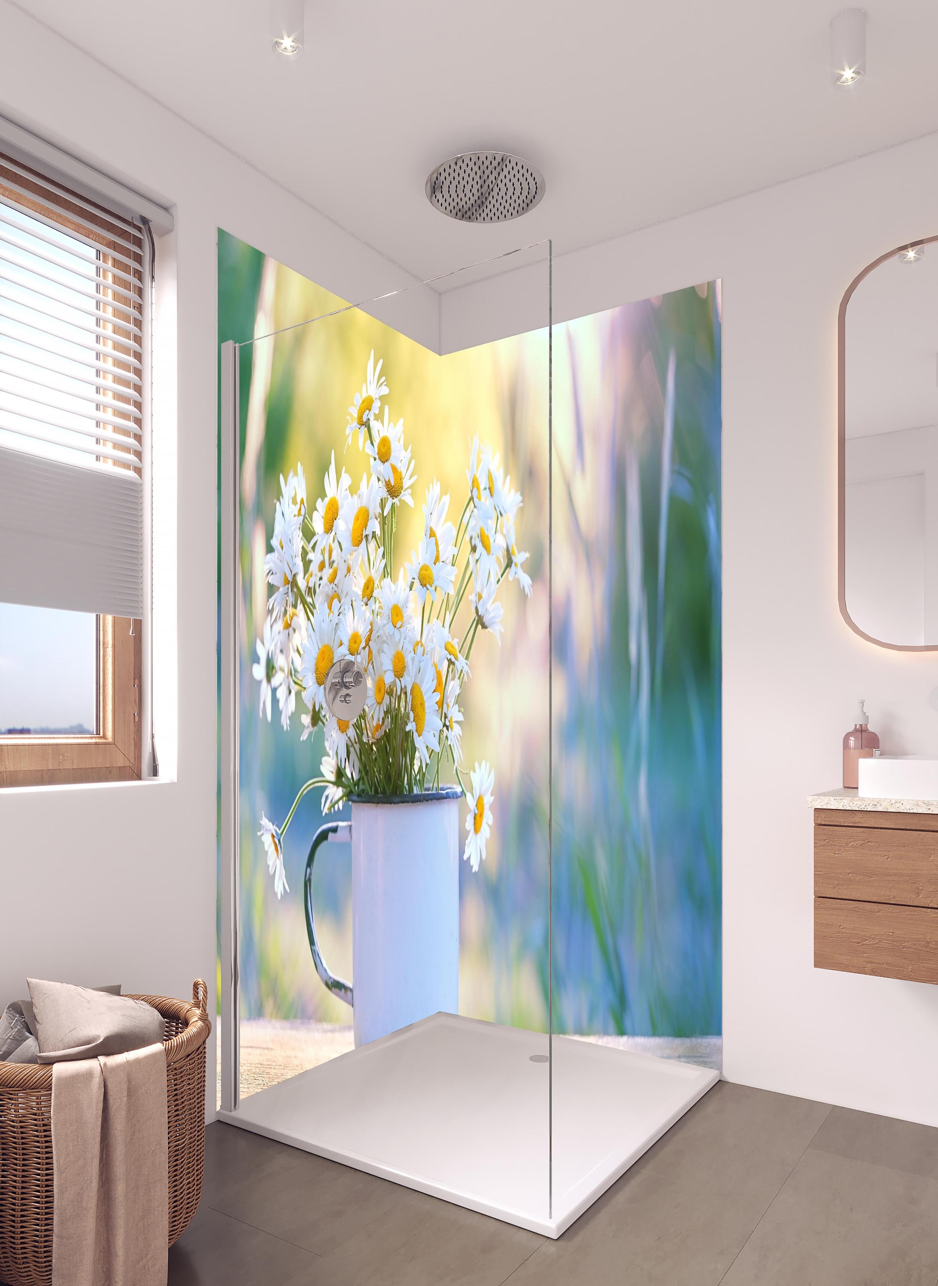 Duschrückwand - Gänseblümchen im Licht des Sonnenuntergangs in hellem Badezimmer mit Regenduschkopf - zweiteilige Eck-Duschrückwand
