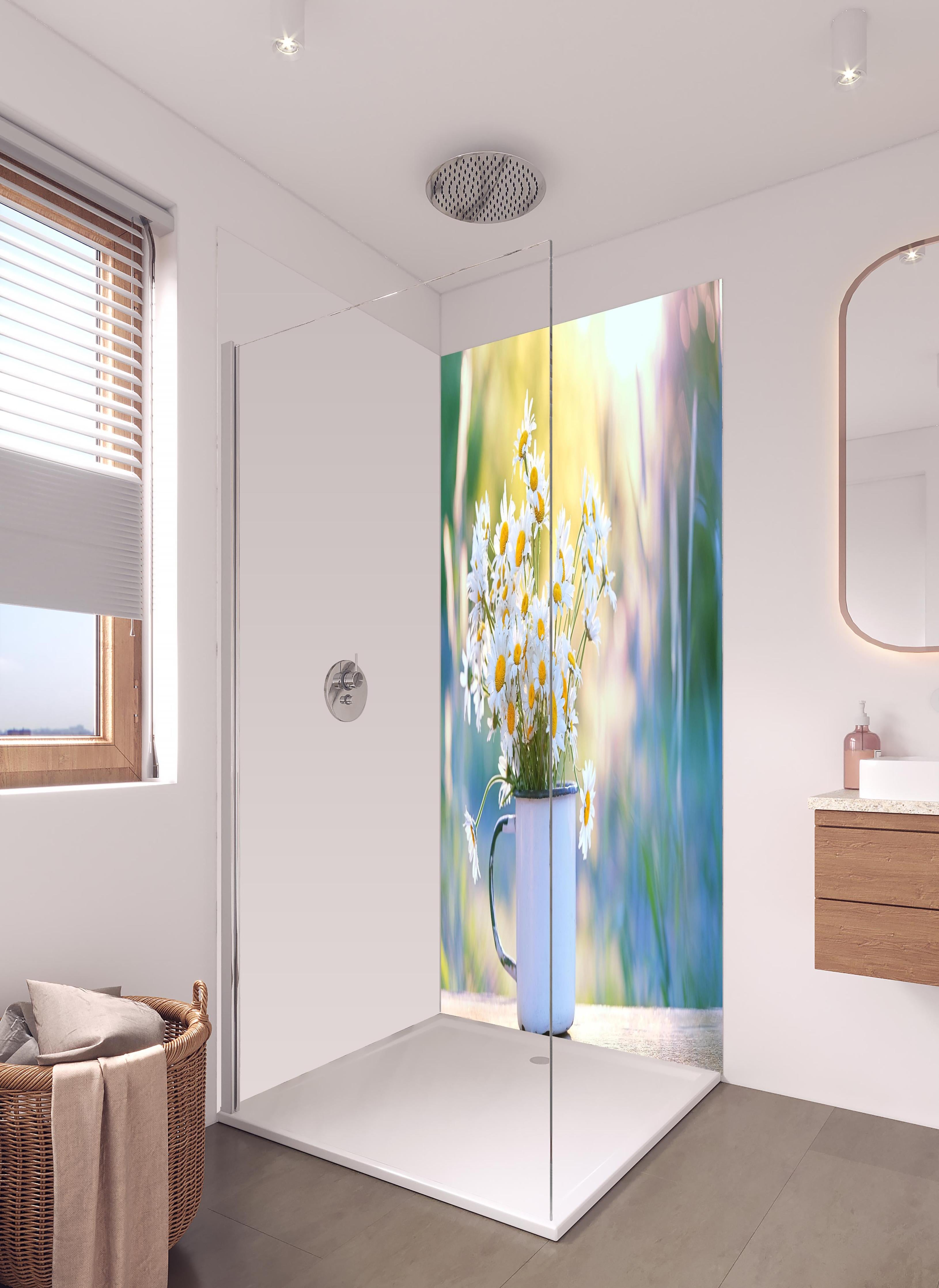 Duschrückwand - Gänseblümchen im Licht des Sonnenuntergangs in hellem Badezimmer mit Regenduschkopf - zweiteilige Eck-Duschrückwand