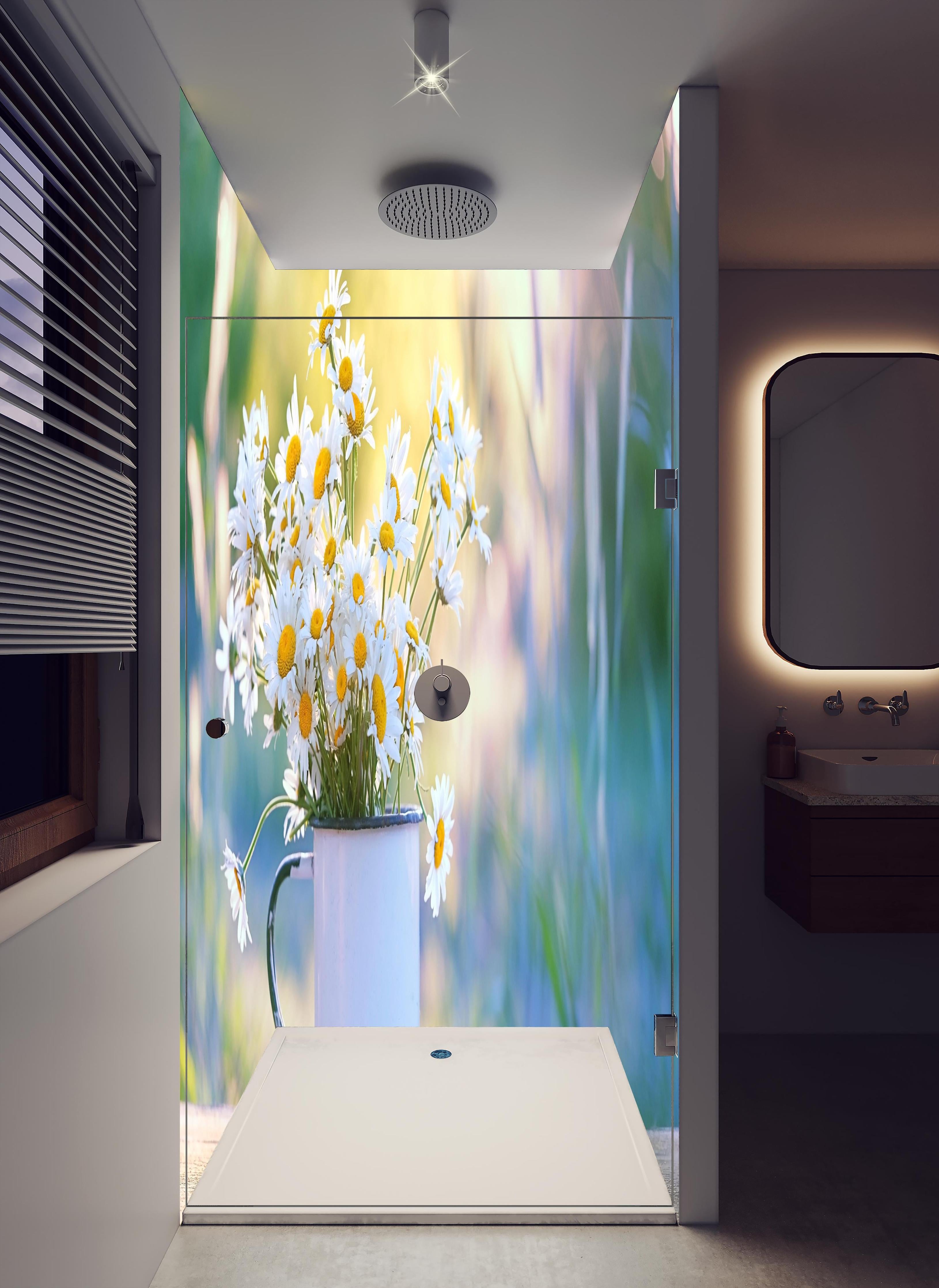 Duschrückwand - Gänseblümchen im Licht des Sonnenuntergangs in hellem Badezimmer mit Regenduschkopf - zweiteilige Eck-Duschrückwand