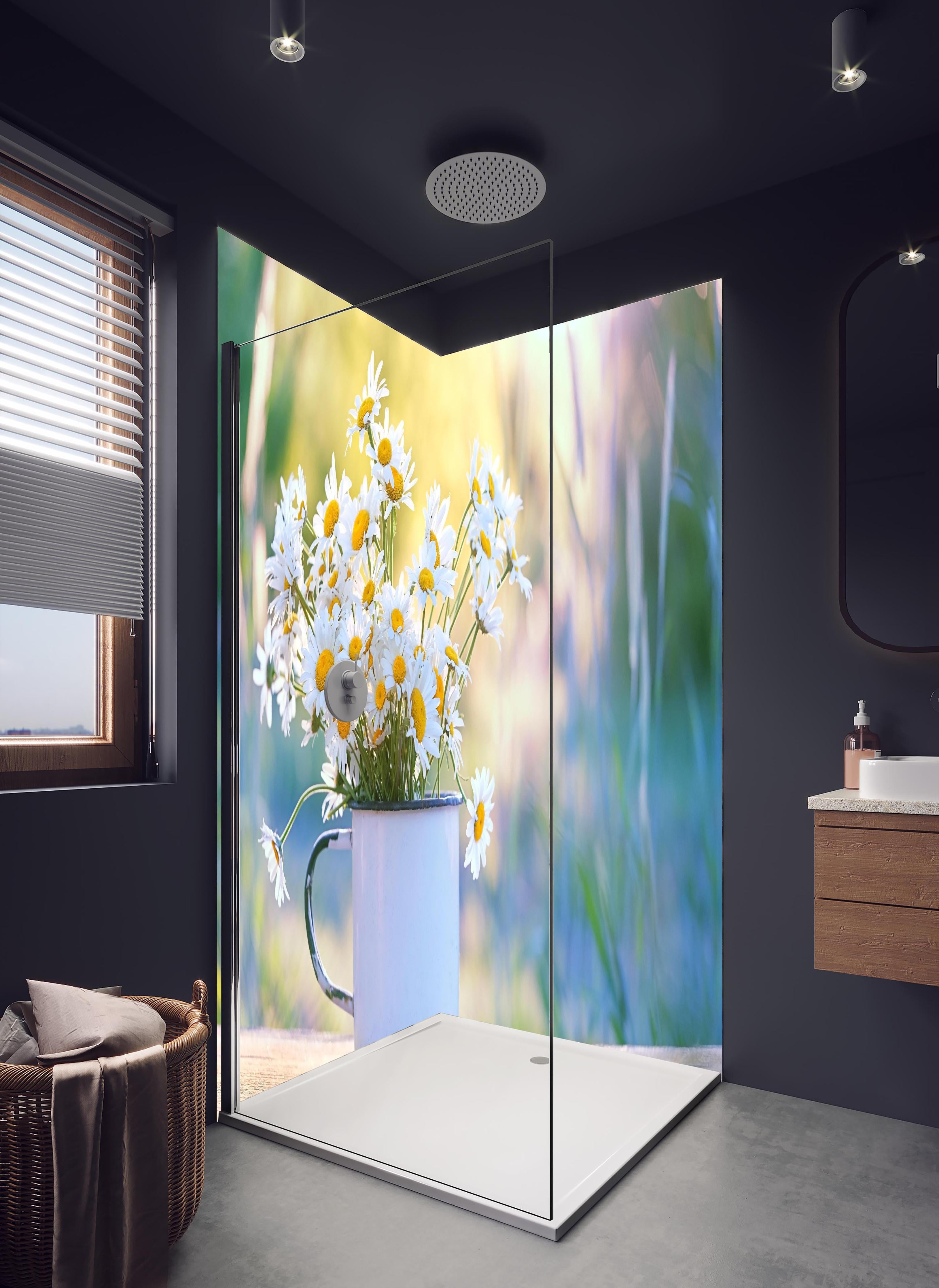 Duschrückwand - Gänseblümchen im Licht des Sonnenuntergangs in hellem Badezimmer mit Regenduschkopf - zweiteilige Eck-Duschrückwand