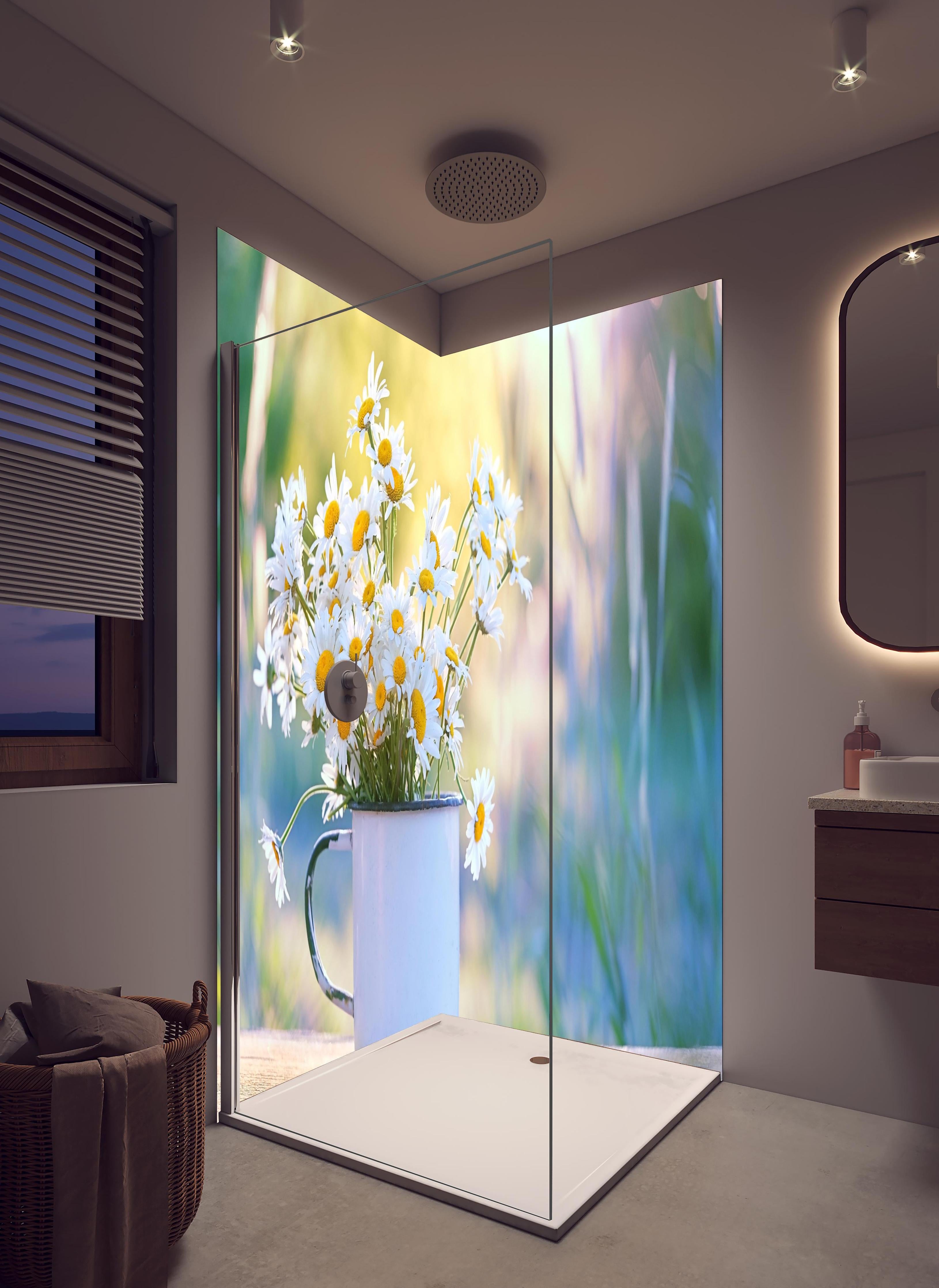 Duschrückwand - Gänseblümchen im Licht des Sonnenuntergangs in hellem Badezimmer mit Regenduschkopf - zweiteilige Eck-Duschrückwand