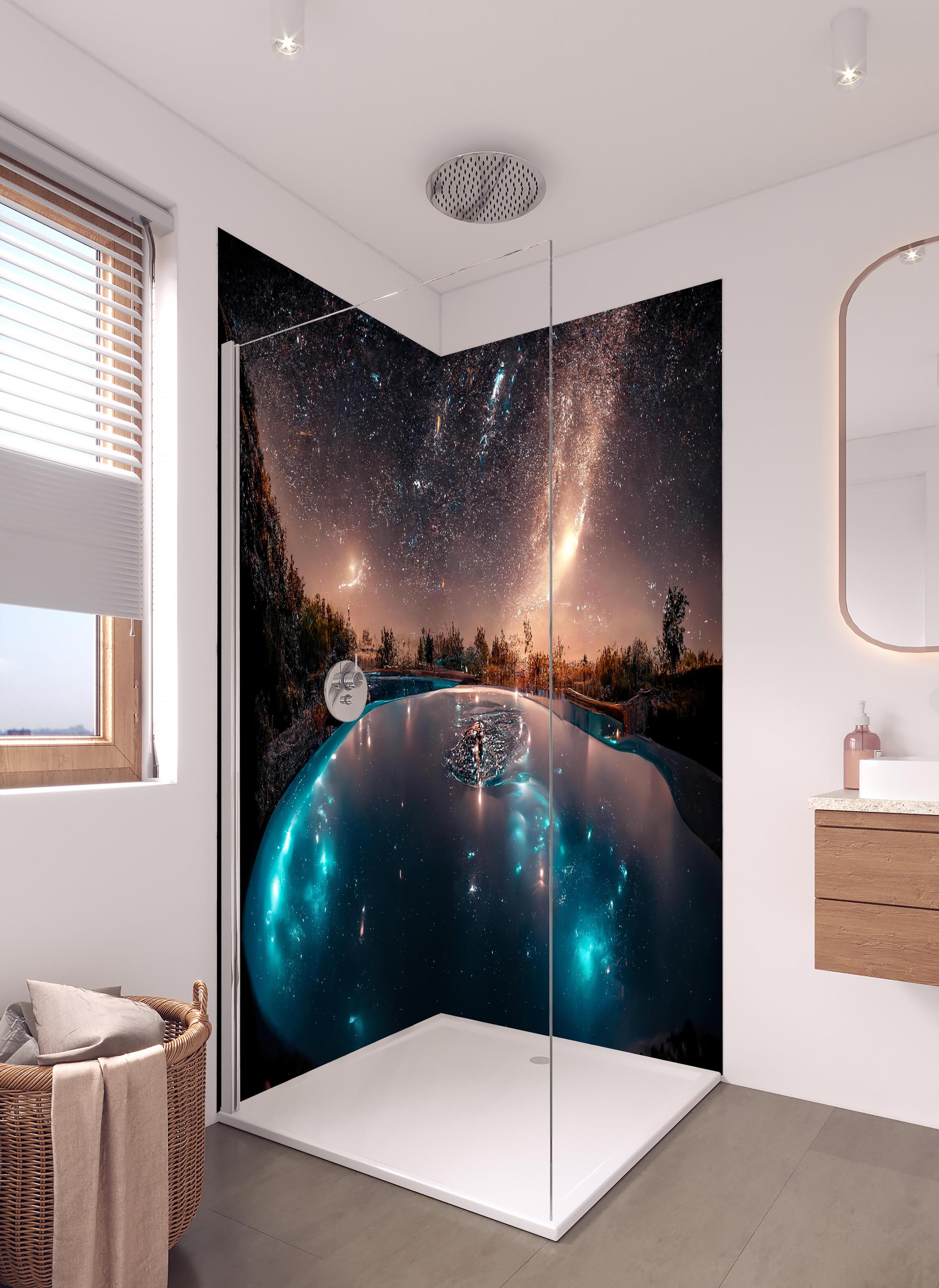 Duschrückwand - Galaktische Nacht Reflexion im See in hellem Badezimmer mit Regenduschkopf - zweiteilige Eck-Duschrückwand