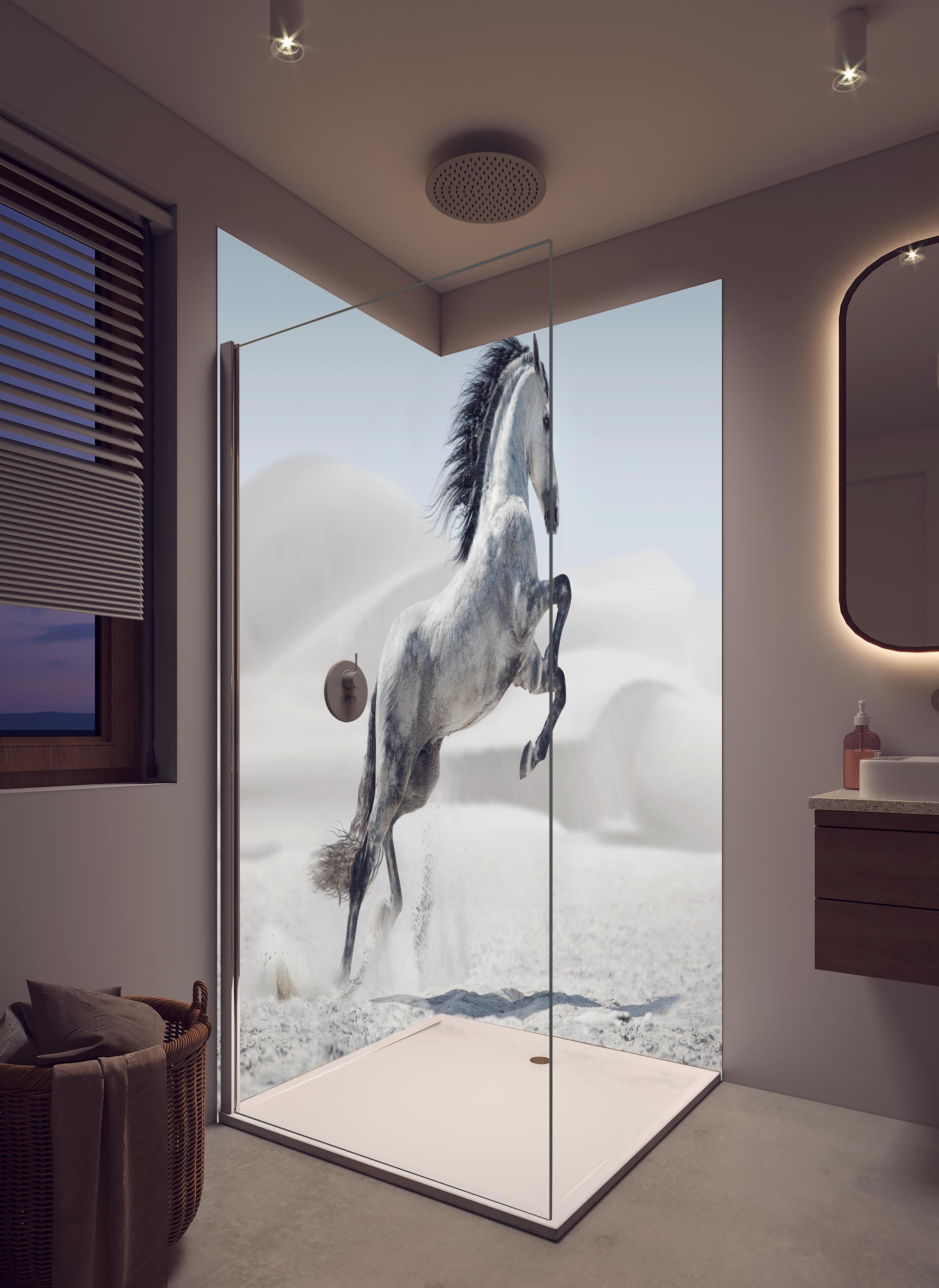 Duschrückwand - Galoppierendes weißes Pferd in hellem Badezimmer mit Regenduschkopf - zweiteilige Eck-Duschrückwand