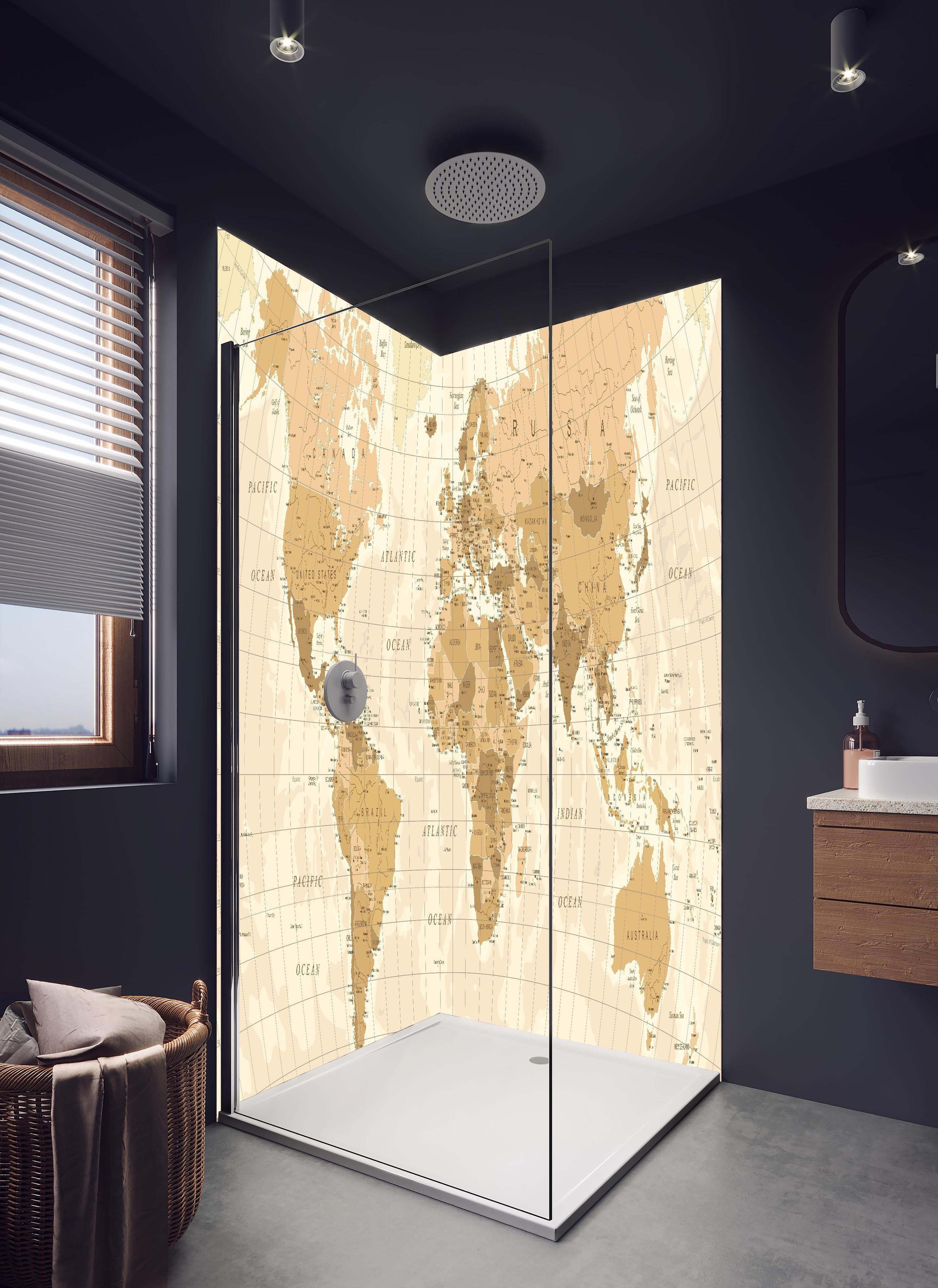 Duschrückwand - Gedruckte alte Weltkarte im Sepia-Stil in hellem Badezimmer mit Regenduschkopf - zweiteilige Eck-Duschrückwand
