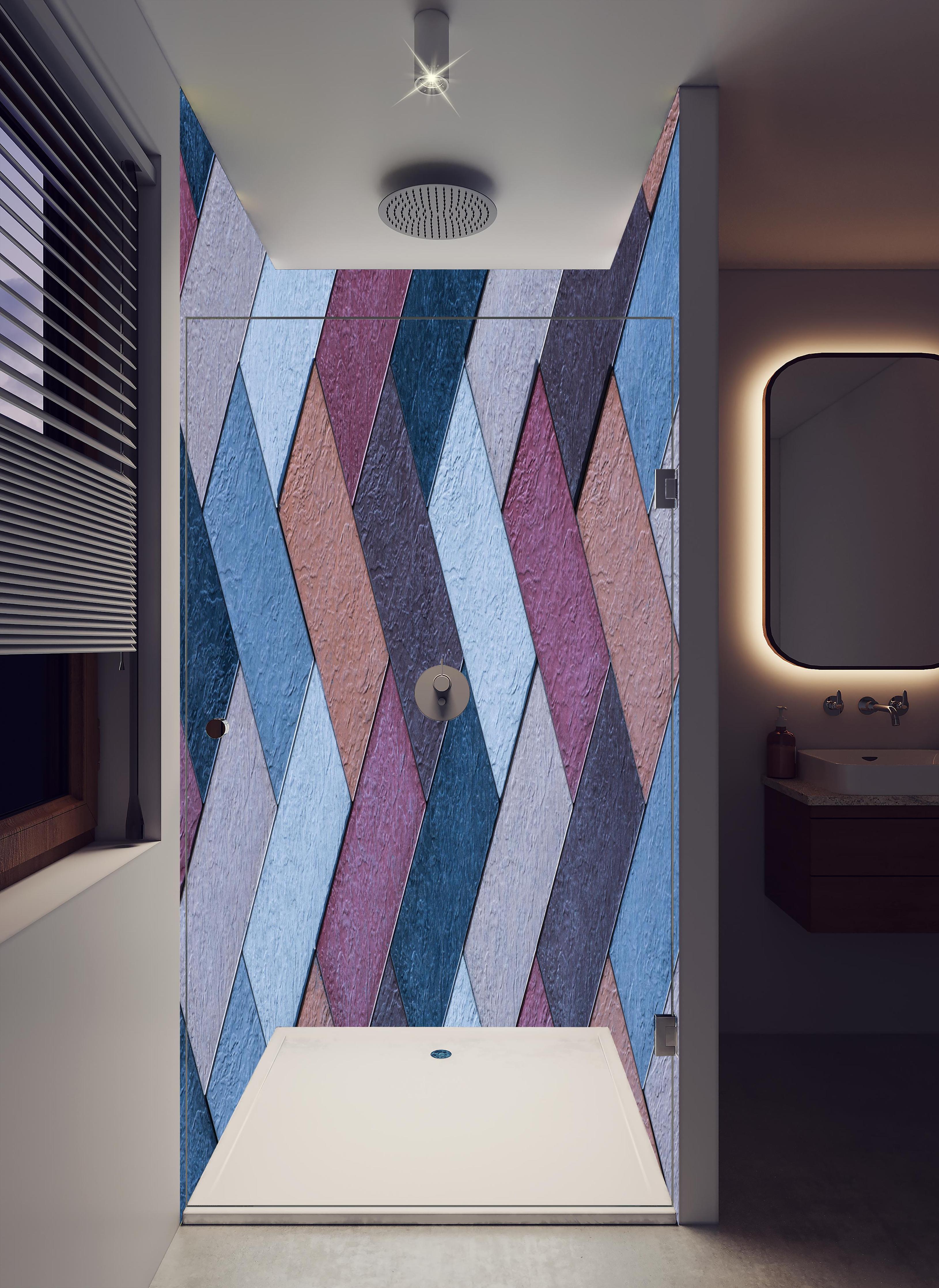 Duschrückwand - Geflochtene Leder-Textur in bunten Farbtönen in hellem Badezimmer mit Regenduschkopf - zweiteilige Eck-Duschrückwand