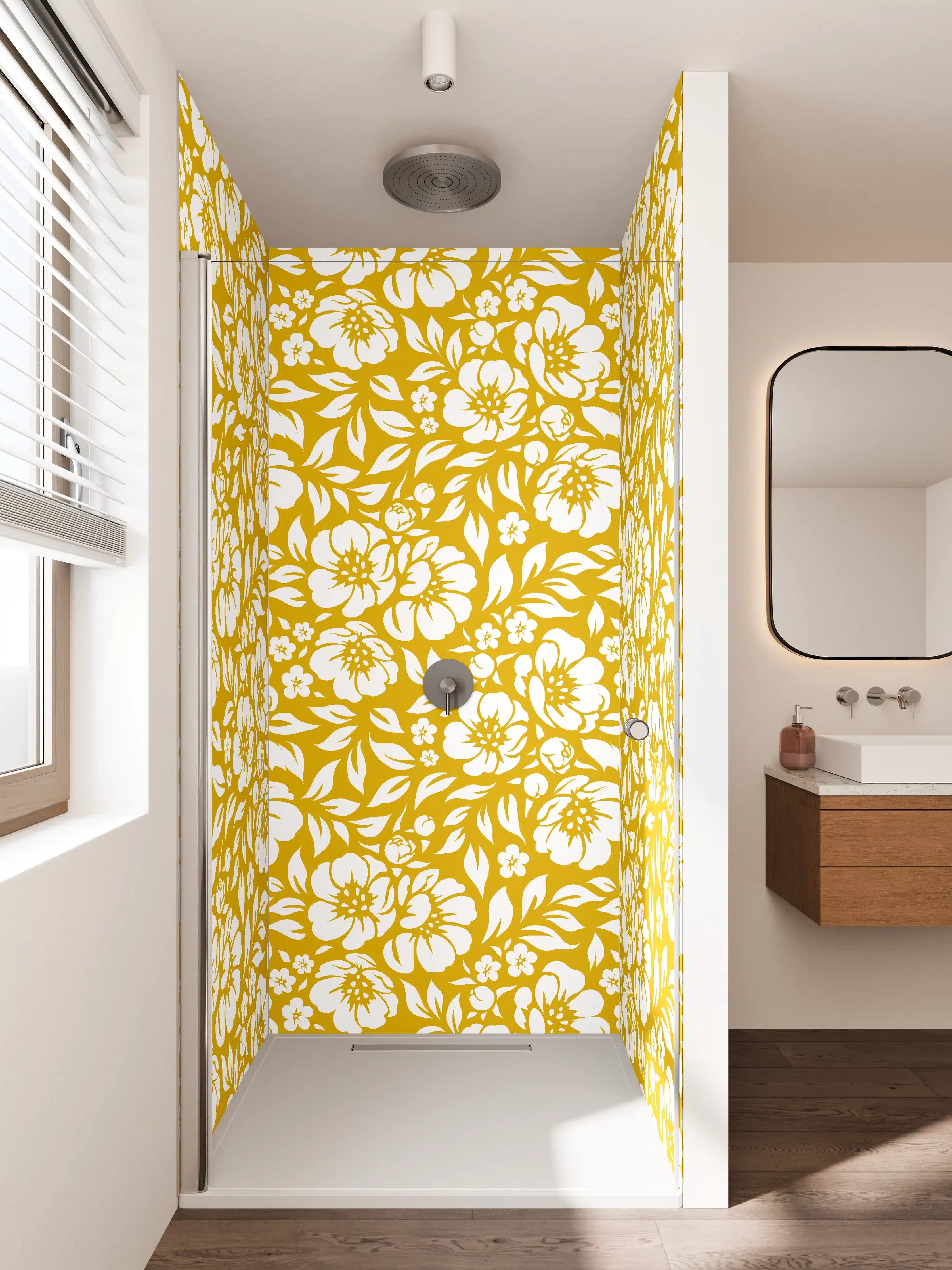 Duschrückwand - Gelb-Weiße Blumengartenmuster mit floralem Design