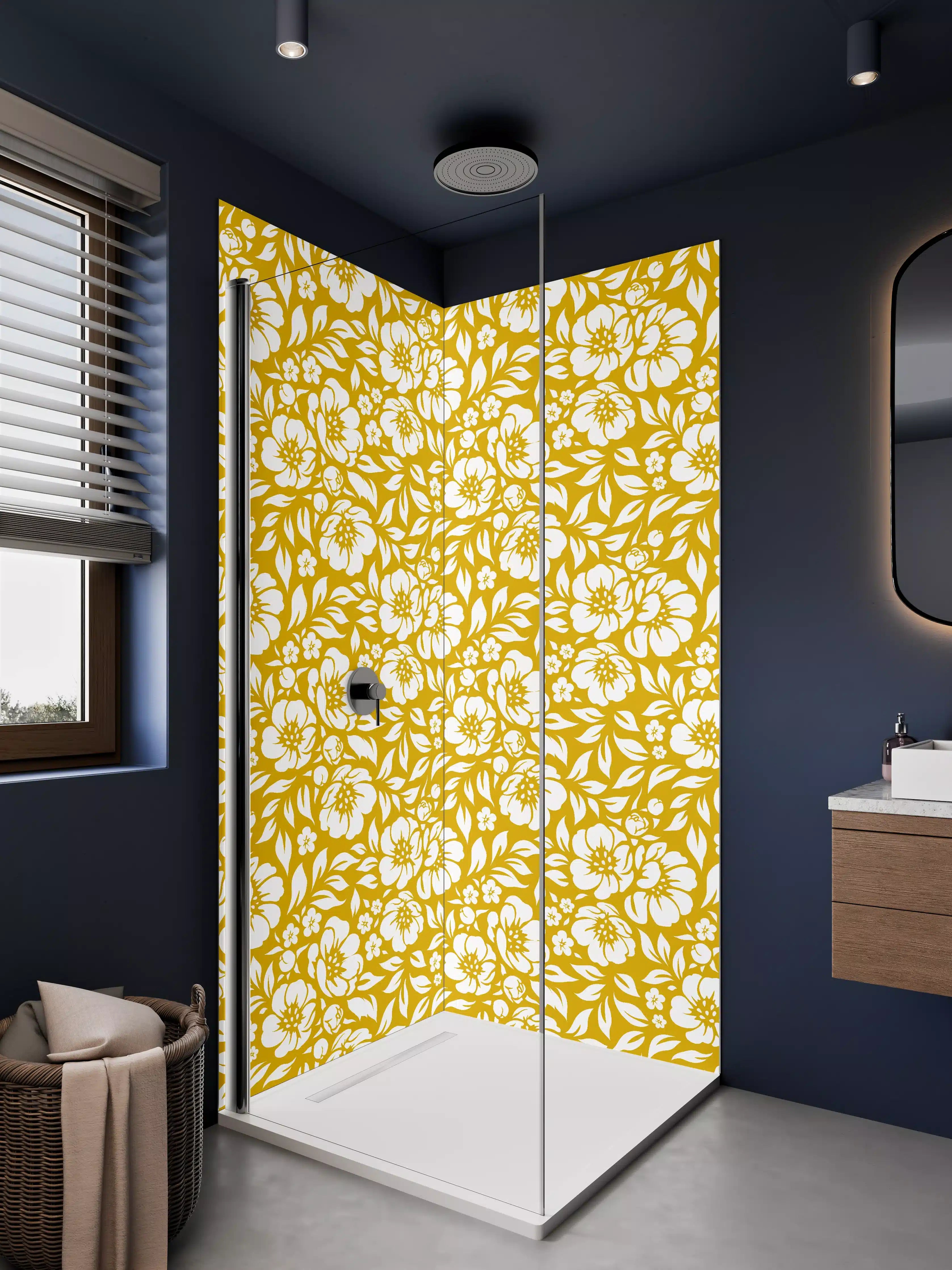 Duschrückwand - Gelb-Weiße Blumengartenmuster mit floralem Design