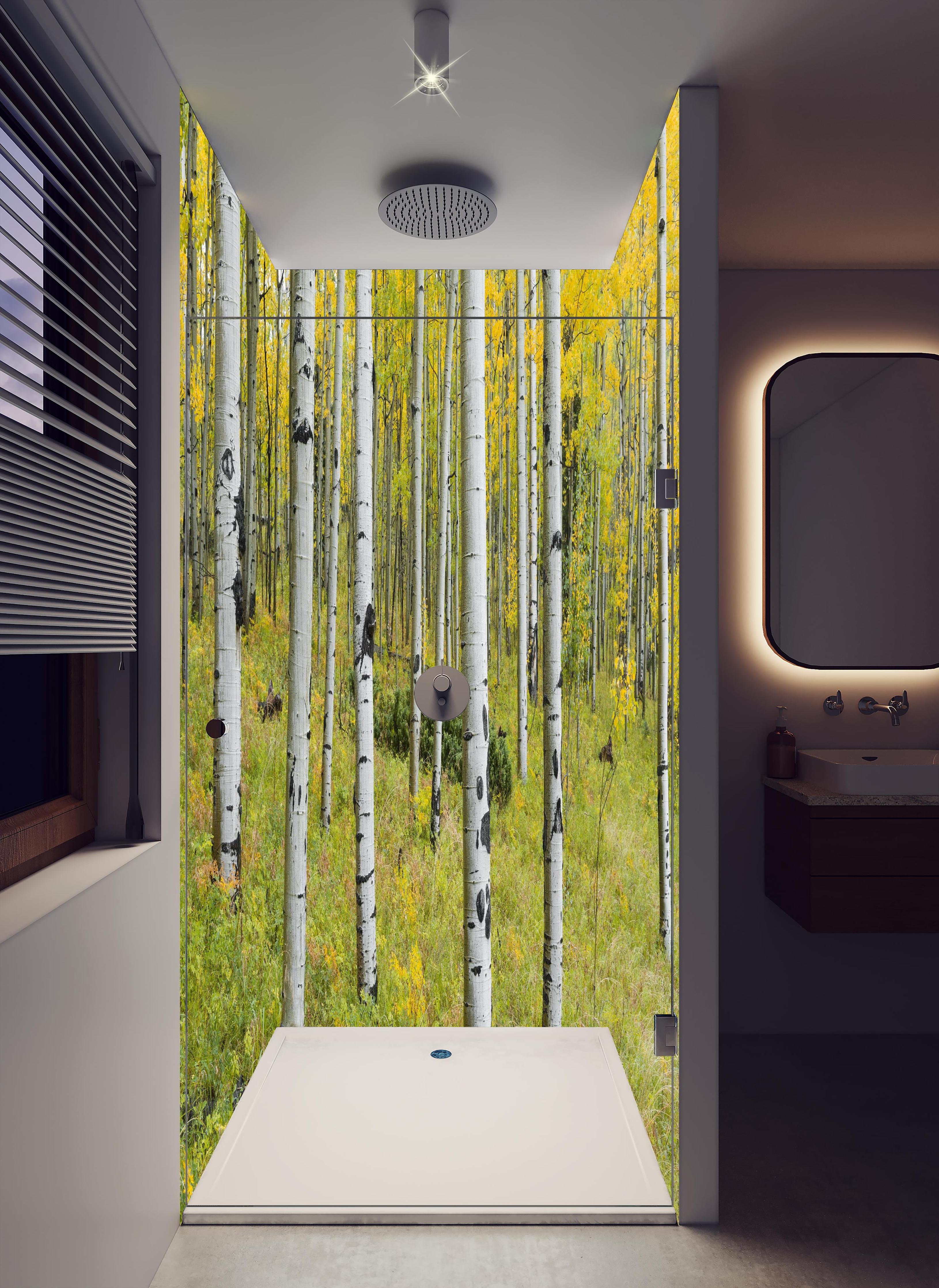 Duschrückwand - Gelb, grüner Birkenwald in hellem Badezimmer mit Regenduschkopf - zweiteilige Eck-Duschrückwand