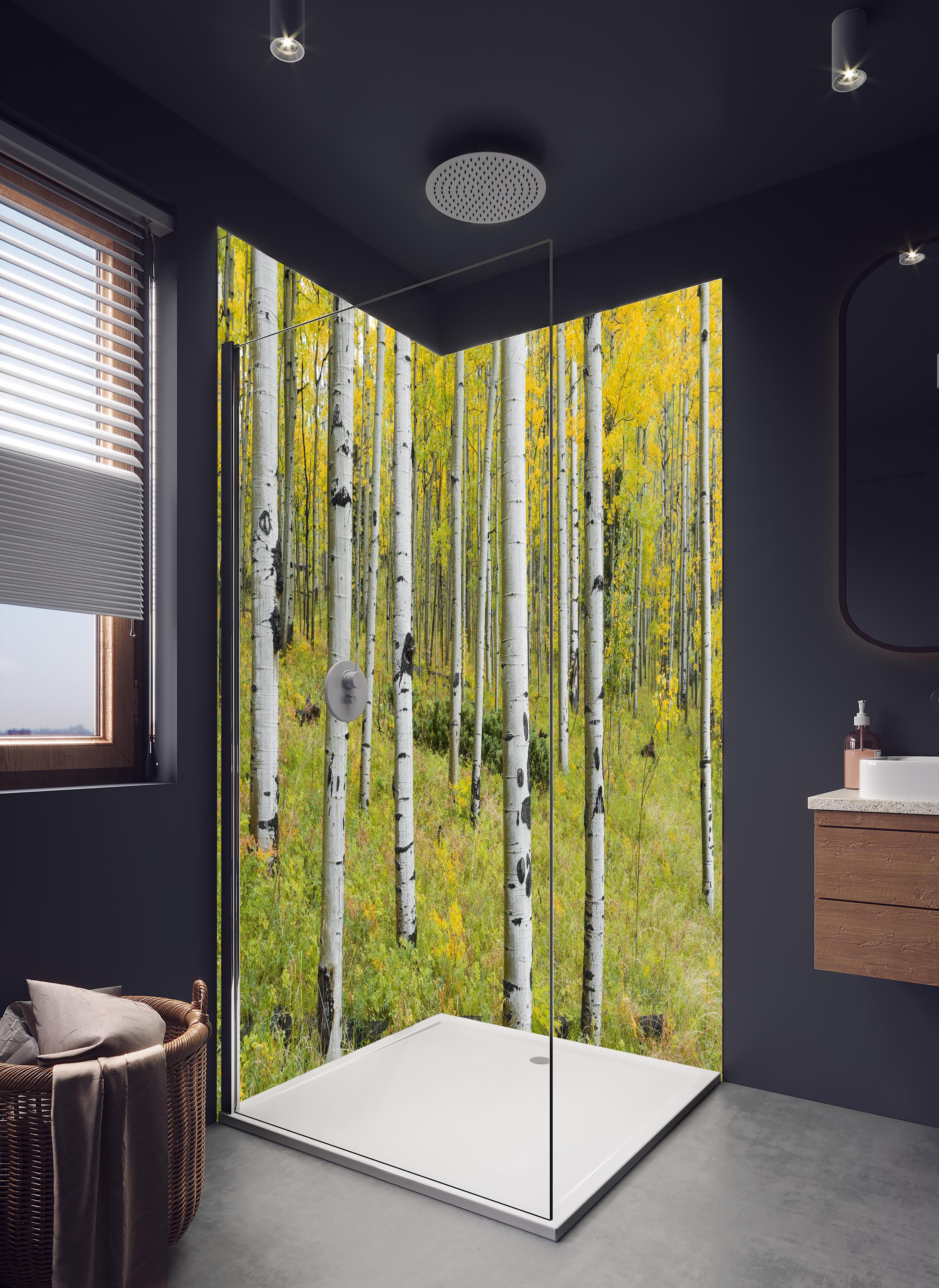 Duschrückwand - Gelb, grüner Birkenwald in hellem Badezimmer mit Regenduschkopf - zweiteilige Eck-Duschrückwand