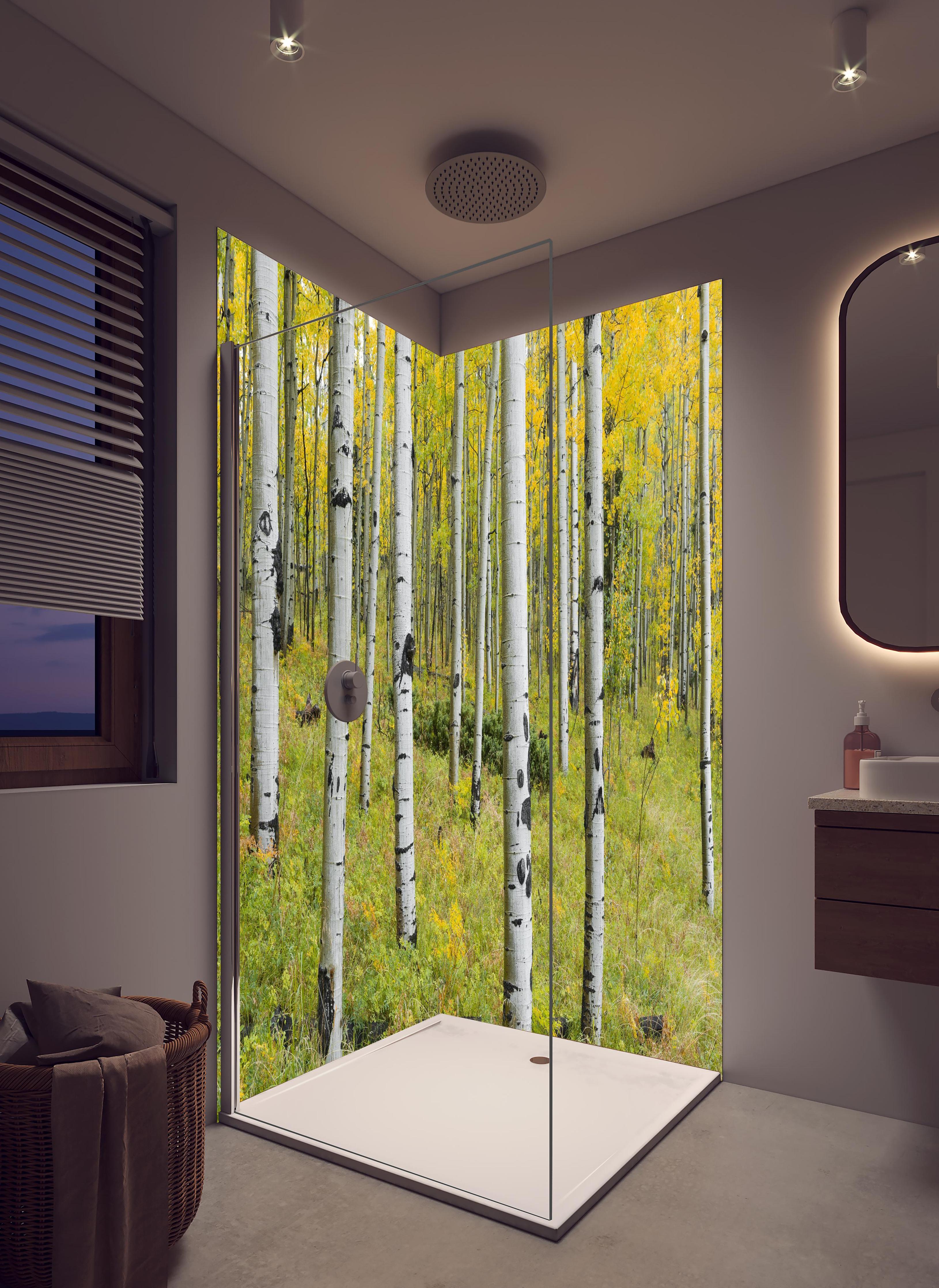 Duschrückwand - Gelb, grüner Birkenwald in hellem Badezimmer mit Regenduschkopf - zweiteilige Eck-Duschrückwand