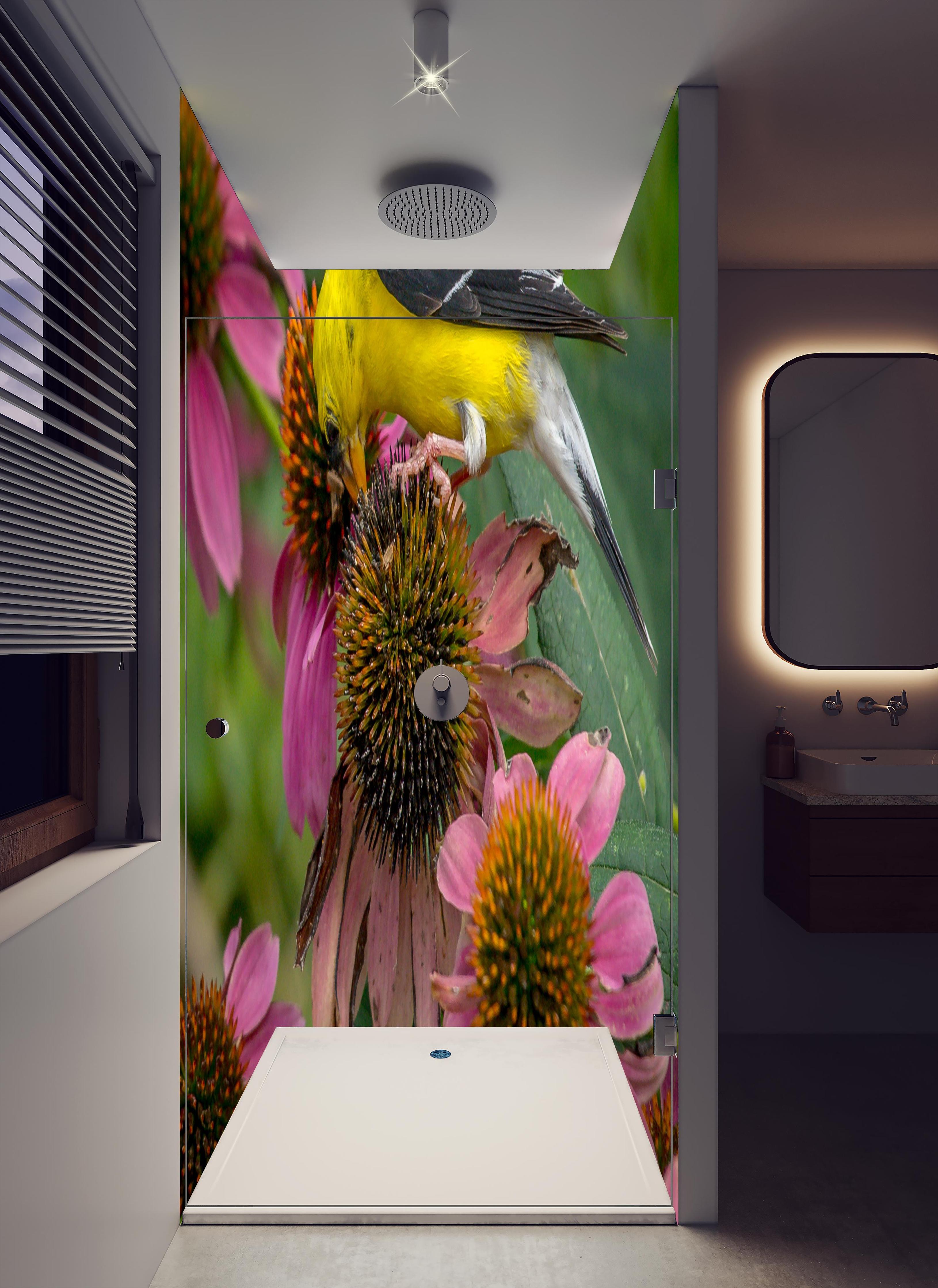 Duschrückwand - Gelber Vogel Genießt Nektar Pinker Blüten in hellem Badezimmer mit Regenduschkopf - zweiteilige Eck-Duschrückwand