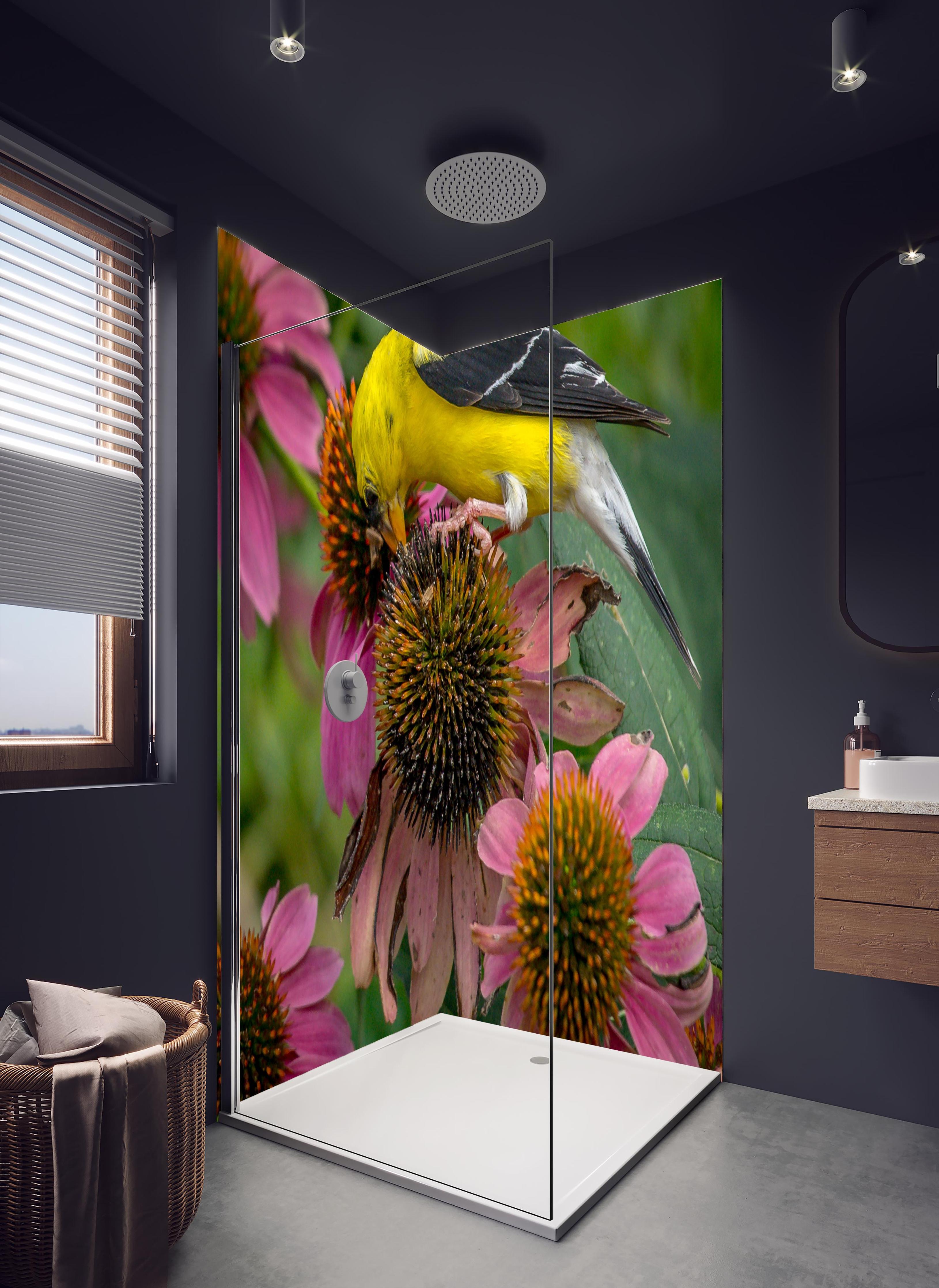 Duschrückwand - Gelber Vogel Genießt Nektar Pinker Blüten in hellem Badezimmer mit Regenduschkopf - zweiteilige Eck-Duschrückwand