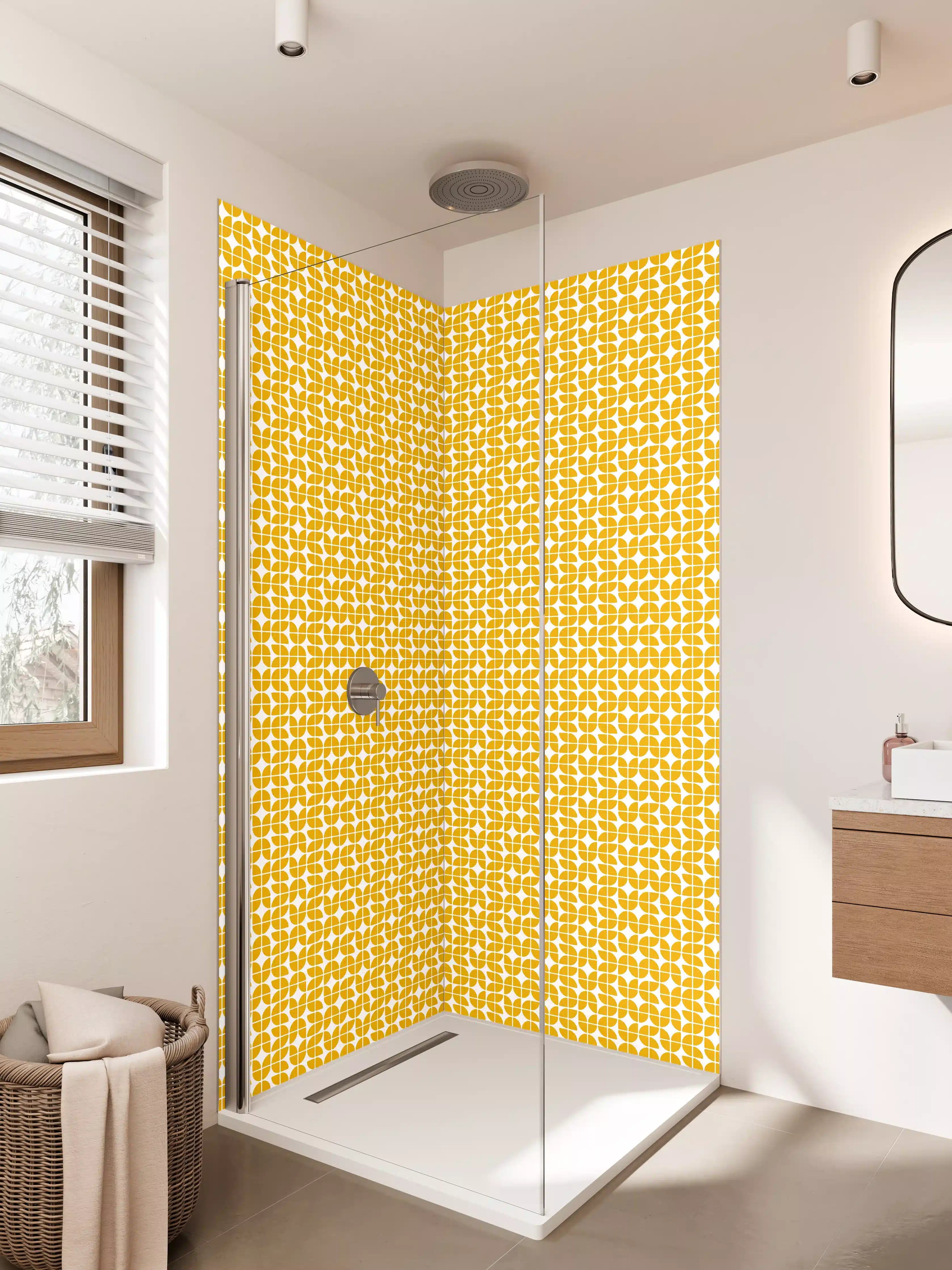 Duschrückwand - Gelbes geometrisches Muster mit Goldtönen
