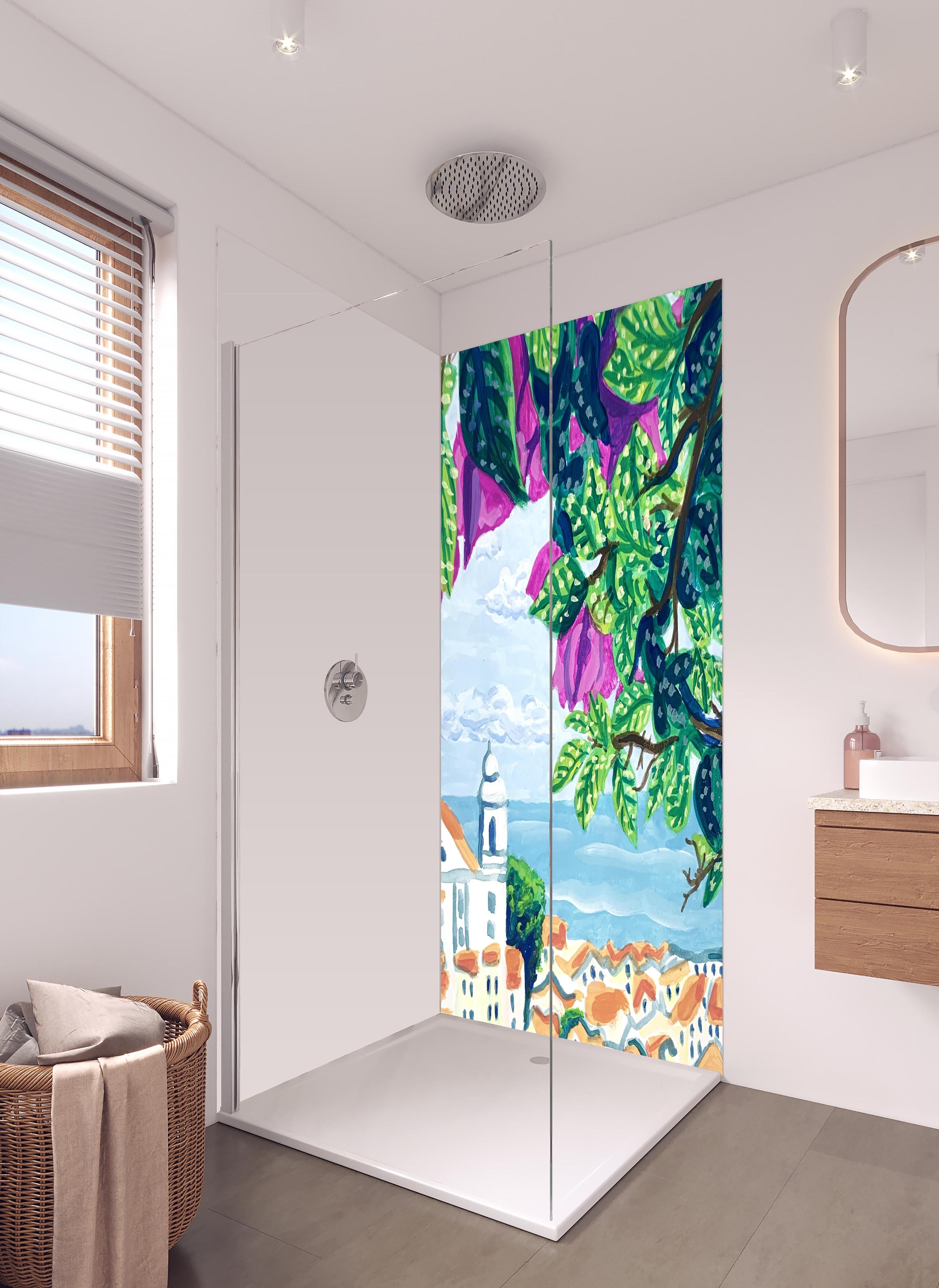 Duschrückwand - Gemälde von Lissabon in hellem Badezimmer mit Regenduschkopf - zweiteilige Eck-Duschrückwand