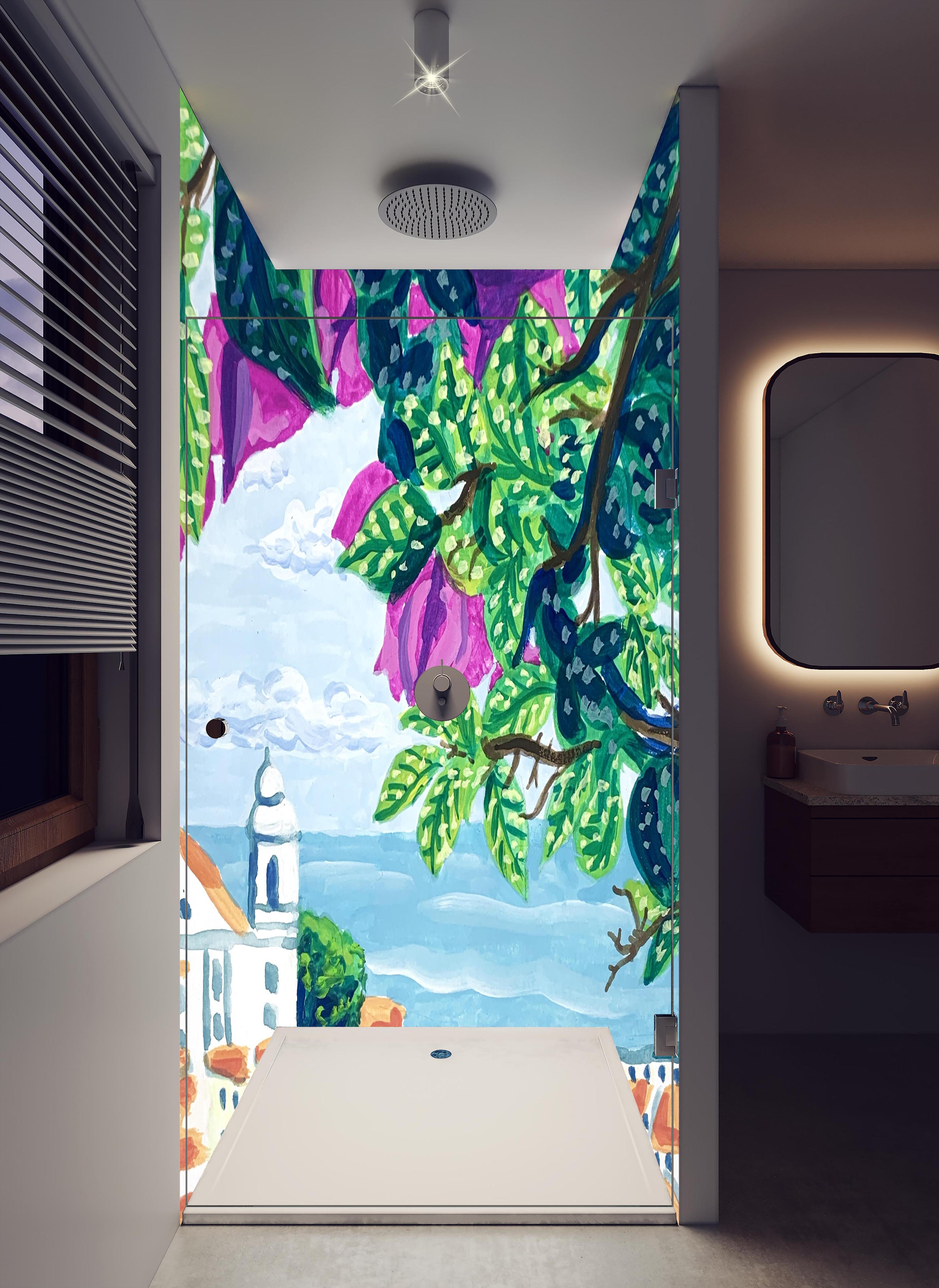 Duschrückwand - Gemälde von Lissabon in hellem Badezimmer mit Regenduschkopf - zweiteilige Eck-Duschrückwand