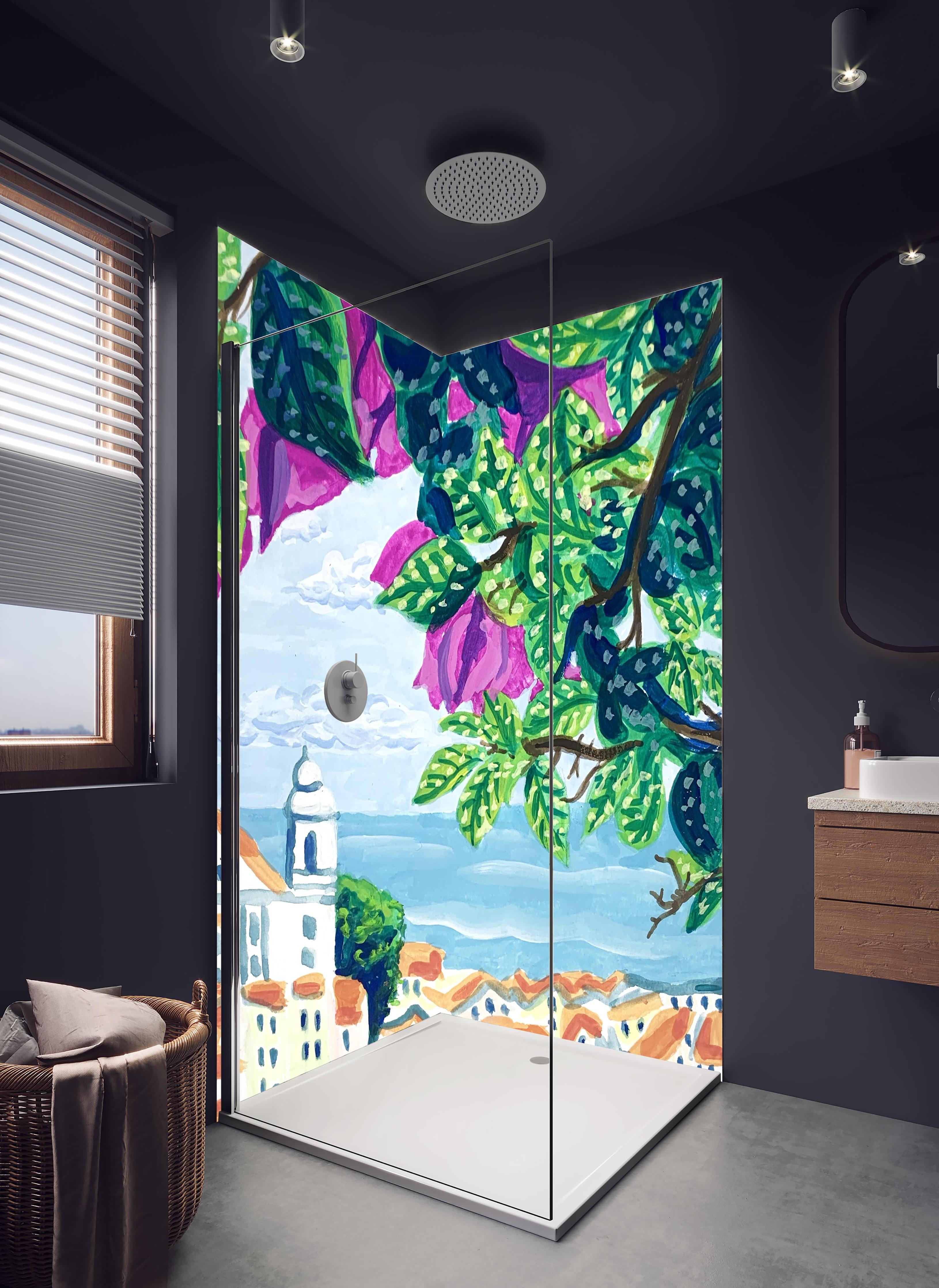 Duschrückwand - Gemälde von Lissabon in hellem Badezimmer mit Regenduschkopf - zweiteilige Eck-Duschrückwand