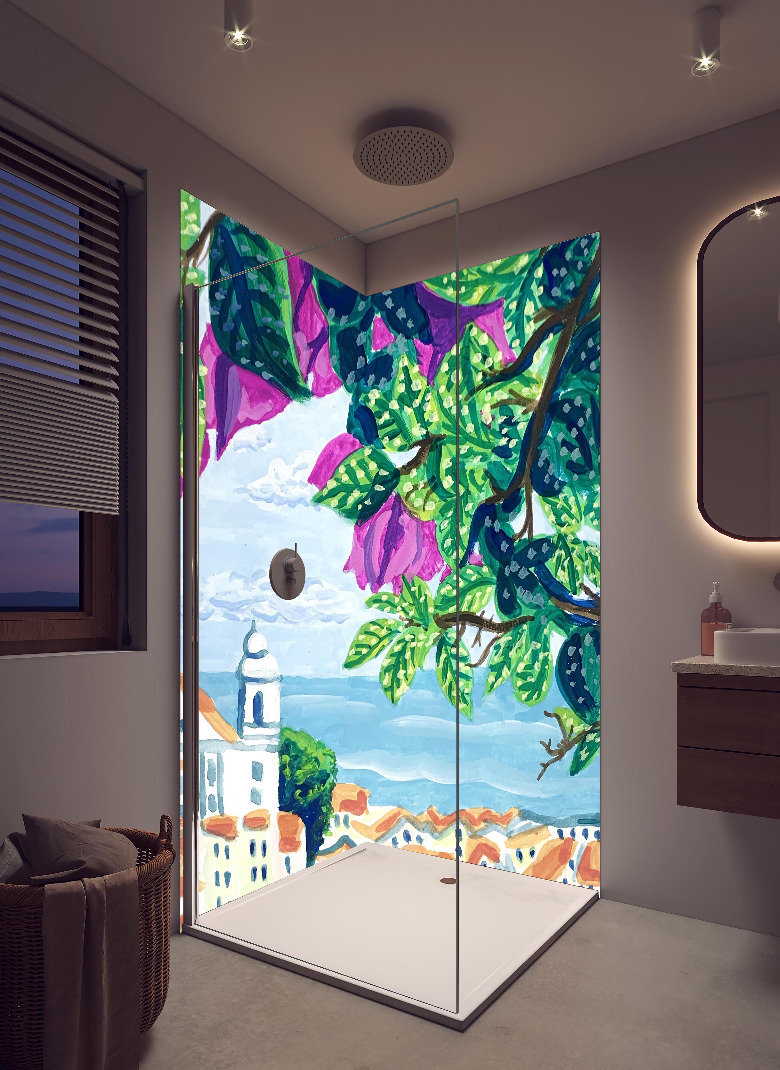 Duschrückwand - Gemälde von Lissabon in hellem Badezimmer mit Regenduschkopf - zweiteilige Eck-Duschrückwand