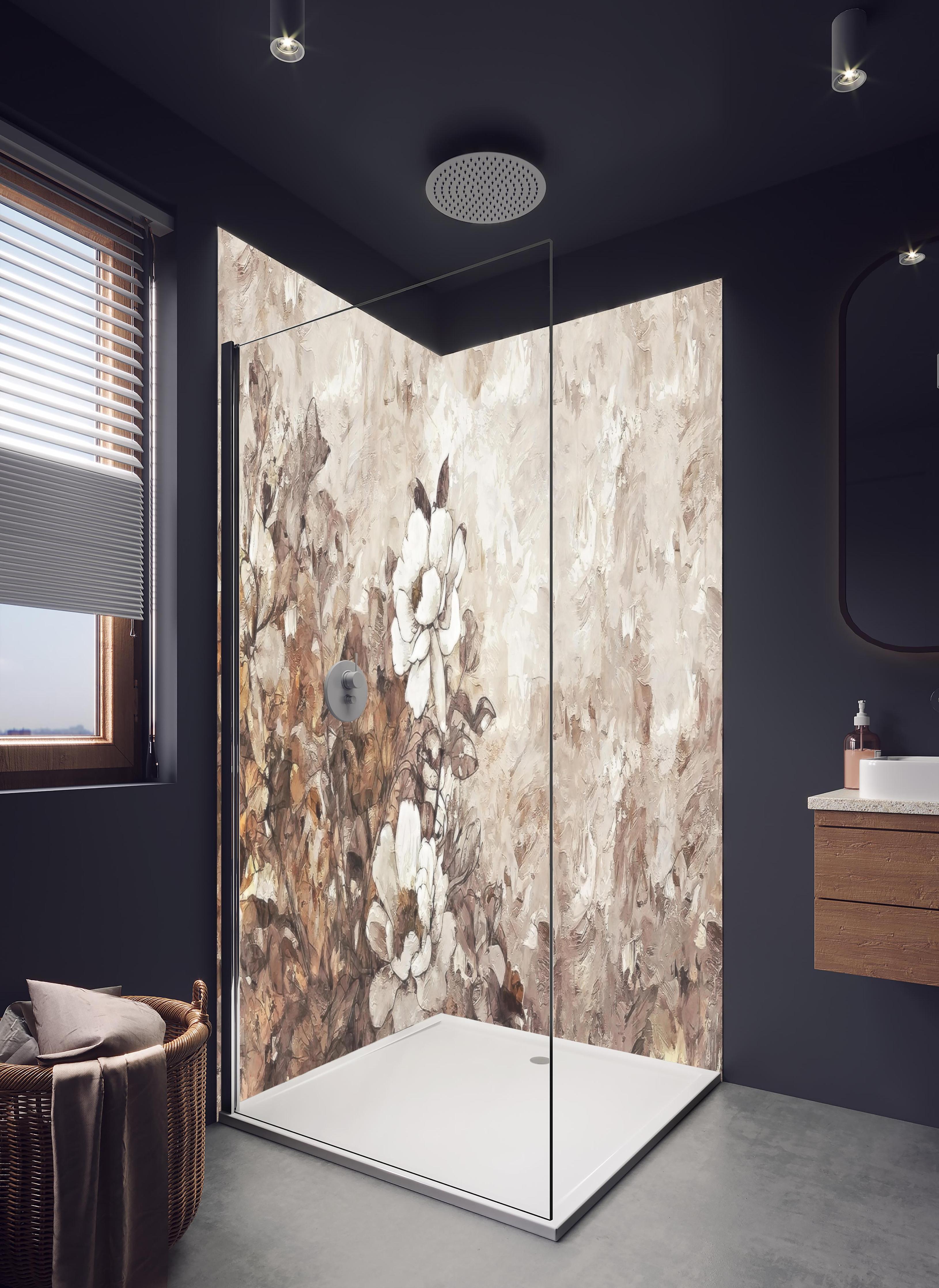 Duschrückwand - Gemälde . weiße Blüten in hellem Badezimmer mit Regenduschkopf - zweiteilige Eck-Duschrückwand