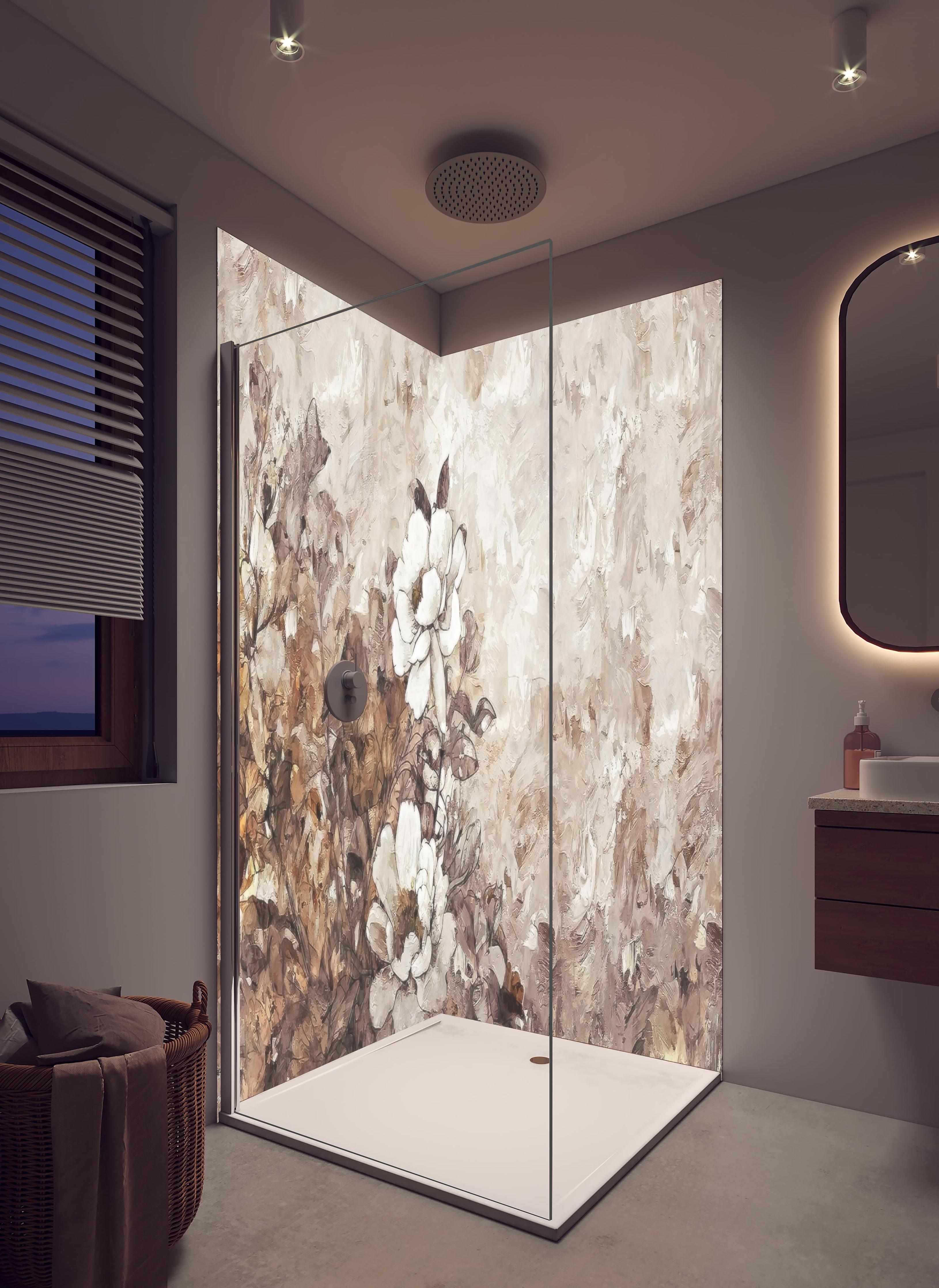 Duschrückwand - Gemälde . weiße Blüten in hellem Badezimmer mit Regenduschkopf - zweiteilige Eck-Duschrückwand