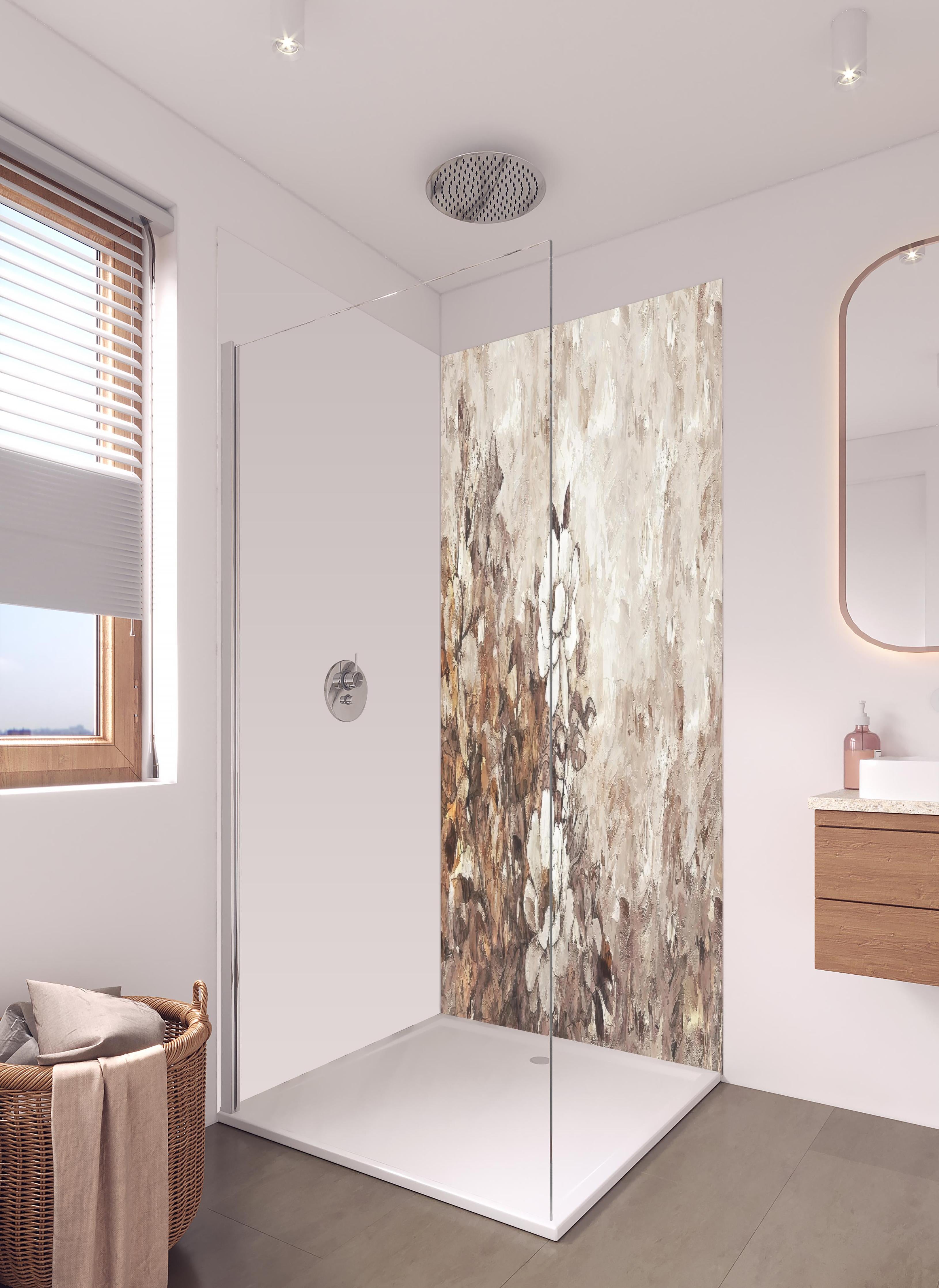 Duschrückwand - Gemälde . weiße Blüten in hellem Badezimmer mit Regenduschkopf - zweiteilige Eck-Duschrückwand