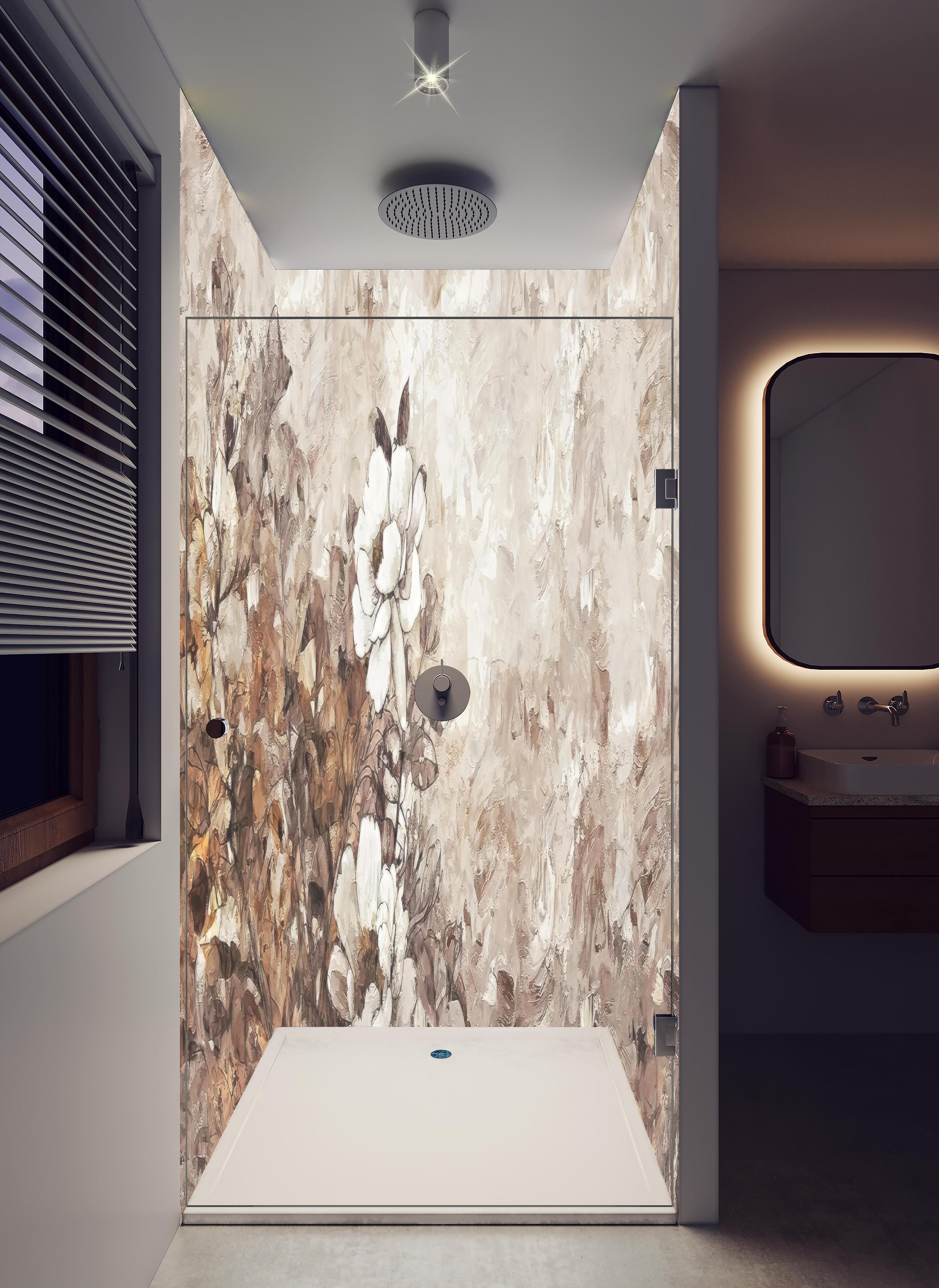 Duschrückwand - Gemälde . weiße Blüten in hellem Badezimmer mit Regenduschkopf - zweiteilige Eck-Duschrückwand