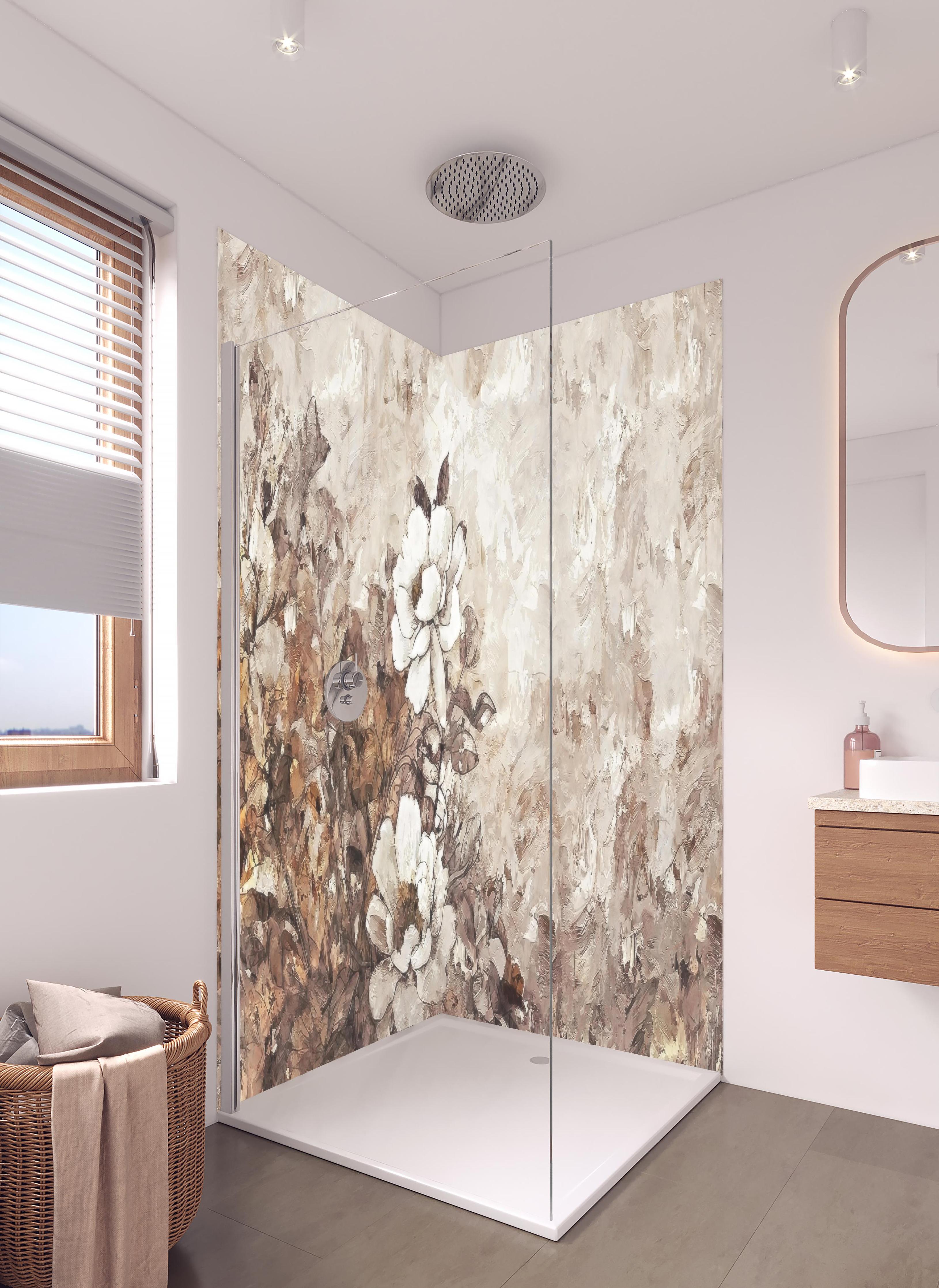 Duschrückwand - Gemälde . weiße Blüten in hellem Badezimmer mit Regenduschkopf - zweiteilige Eck-Duschrückwand