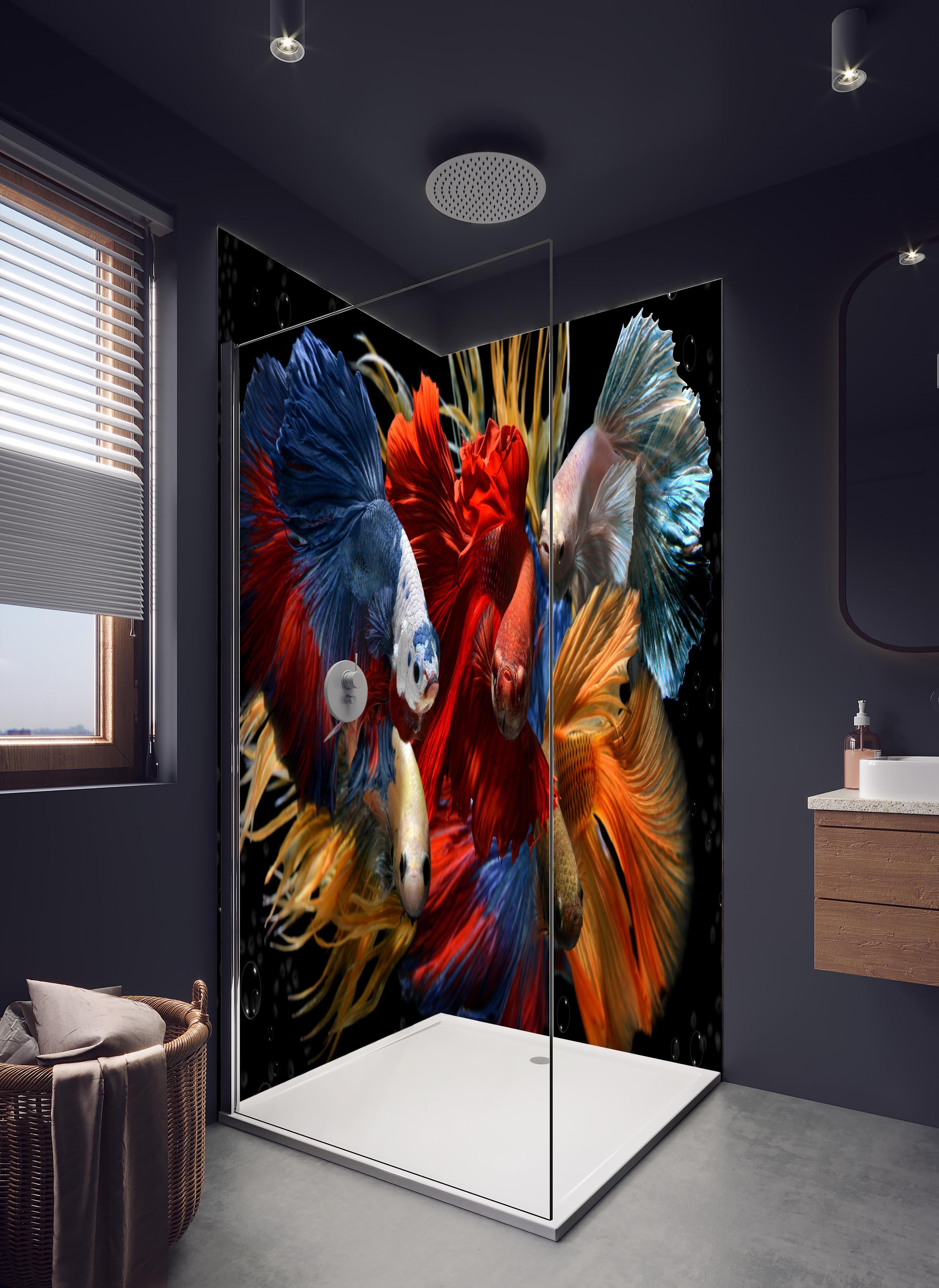 Duschrückwand - Gemischte bunte Fantasie betta in hellem Badezimmer mit Regenduschkopf - zweiteilige Eck-Duschrückwand