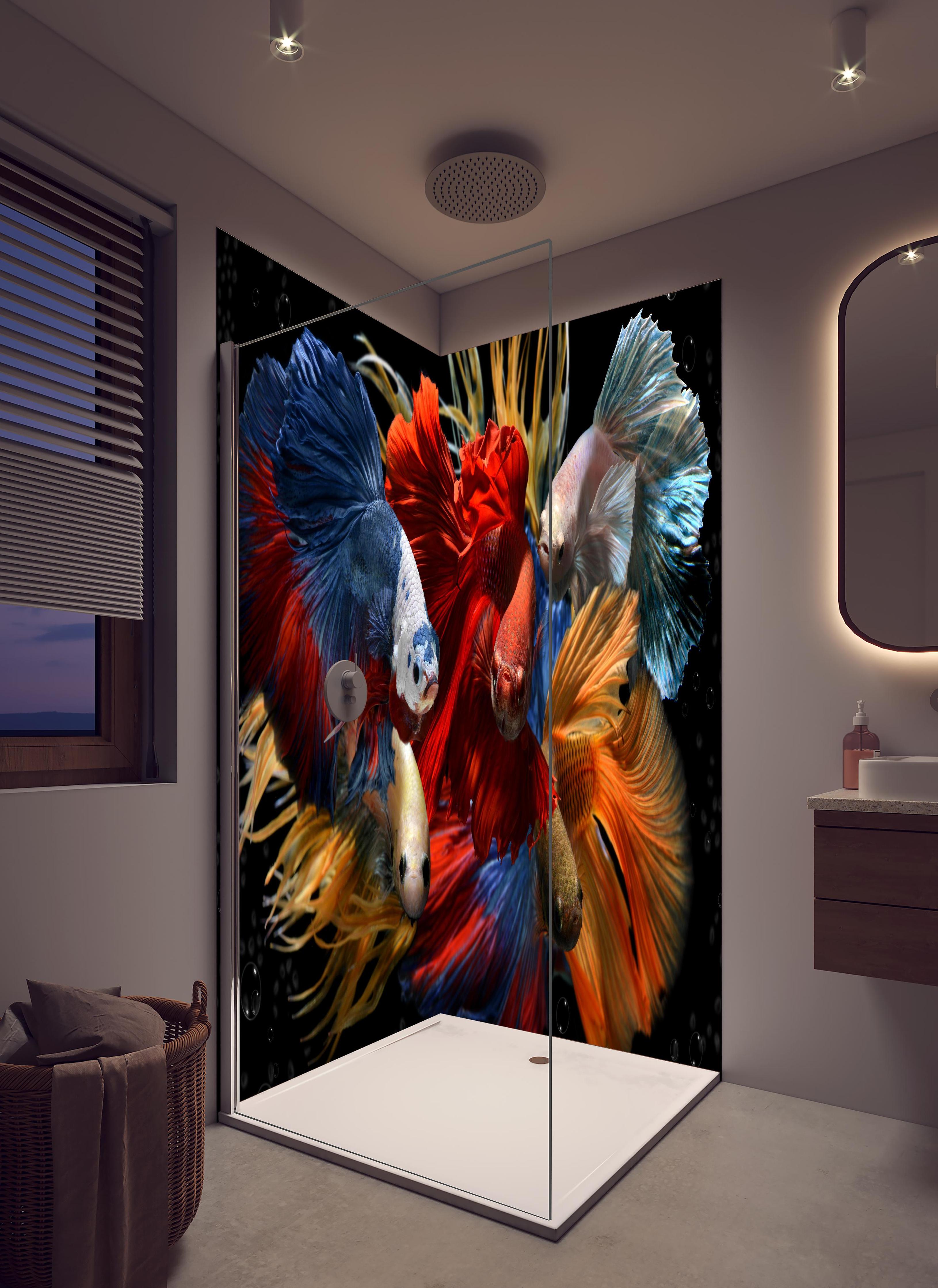 Duschrückwand - Gemischte bunte Fantasie betta in hellem Badezimmer mit Regenduschkopf - zweiteilige Eck-Duschrückwand