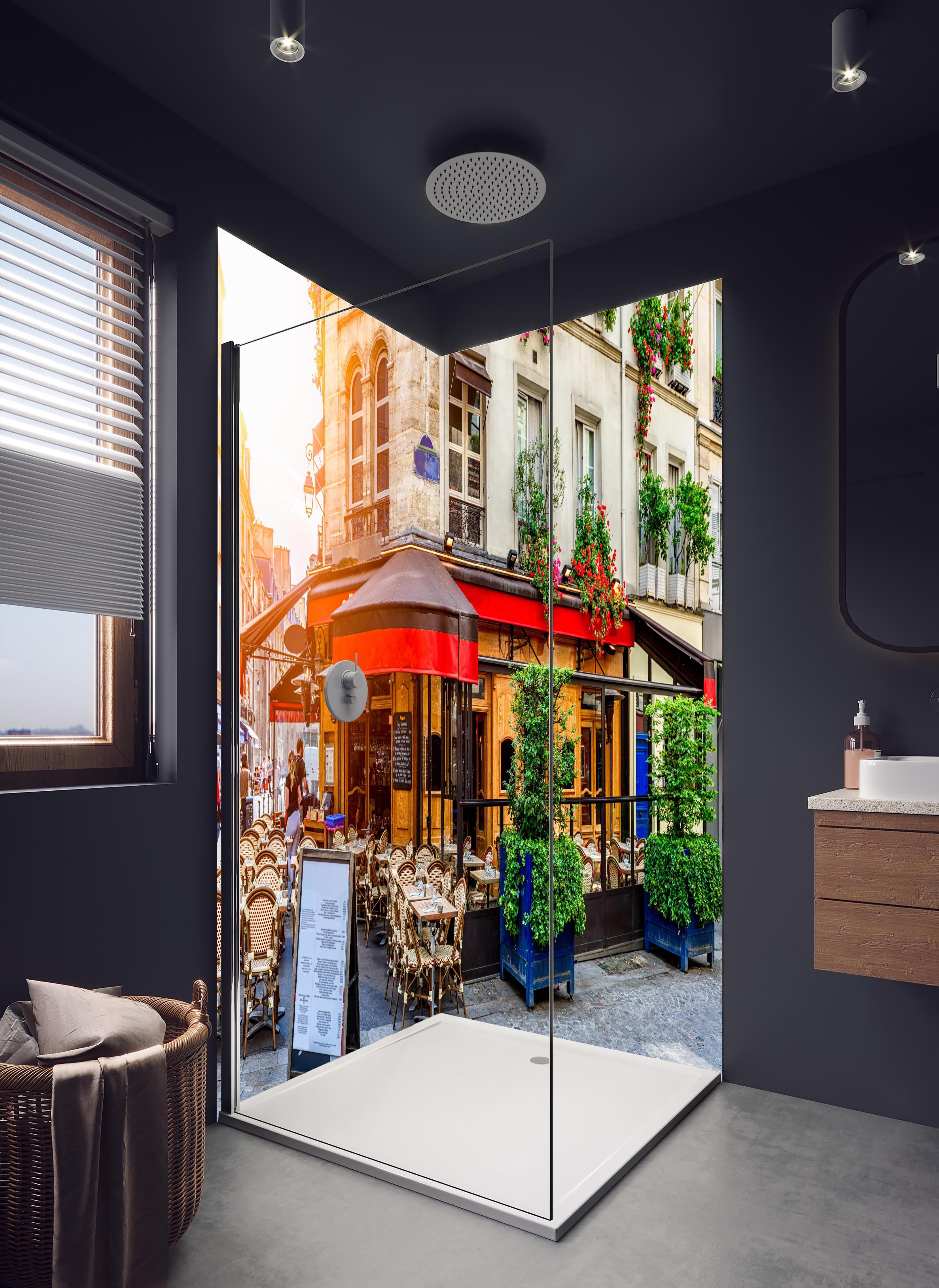 Duschrückwand - Gemütliche Straße mit Tischen eines Cafés in Paris in hellem Badezimmer mit Regenduschkopf - zweiteilige Eck-Duschrückwand